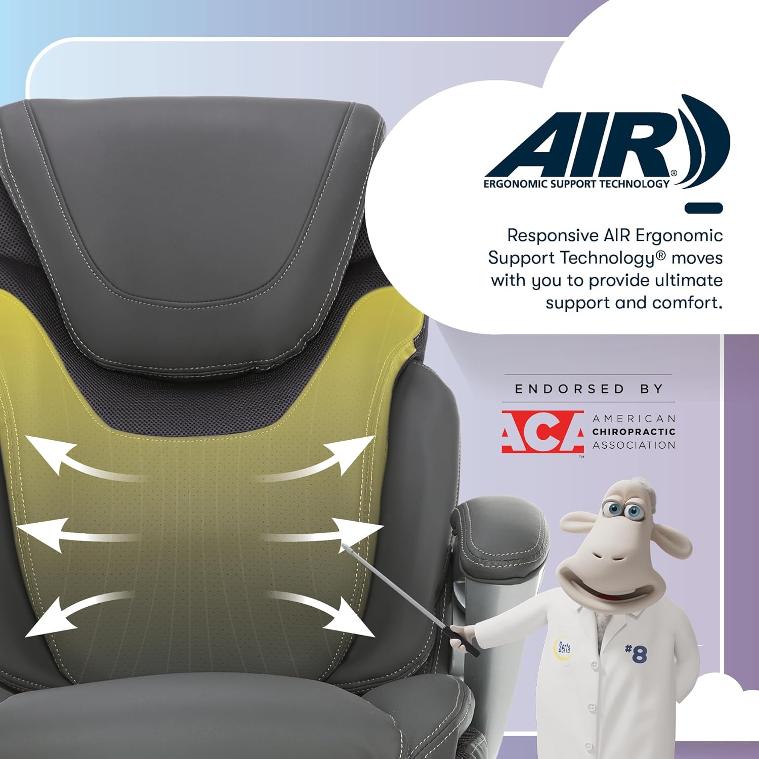 Serta Bryce Executive Office Chair - Ergonomic Computer Desk Chair with Patented AIR Lumbar Technology - Adjustable Height - Memory Foam Body Pillows - 360° Swivel Rolling Base - Bonded Leather - Gray - Image 9