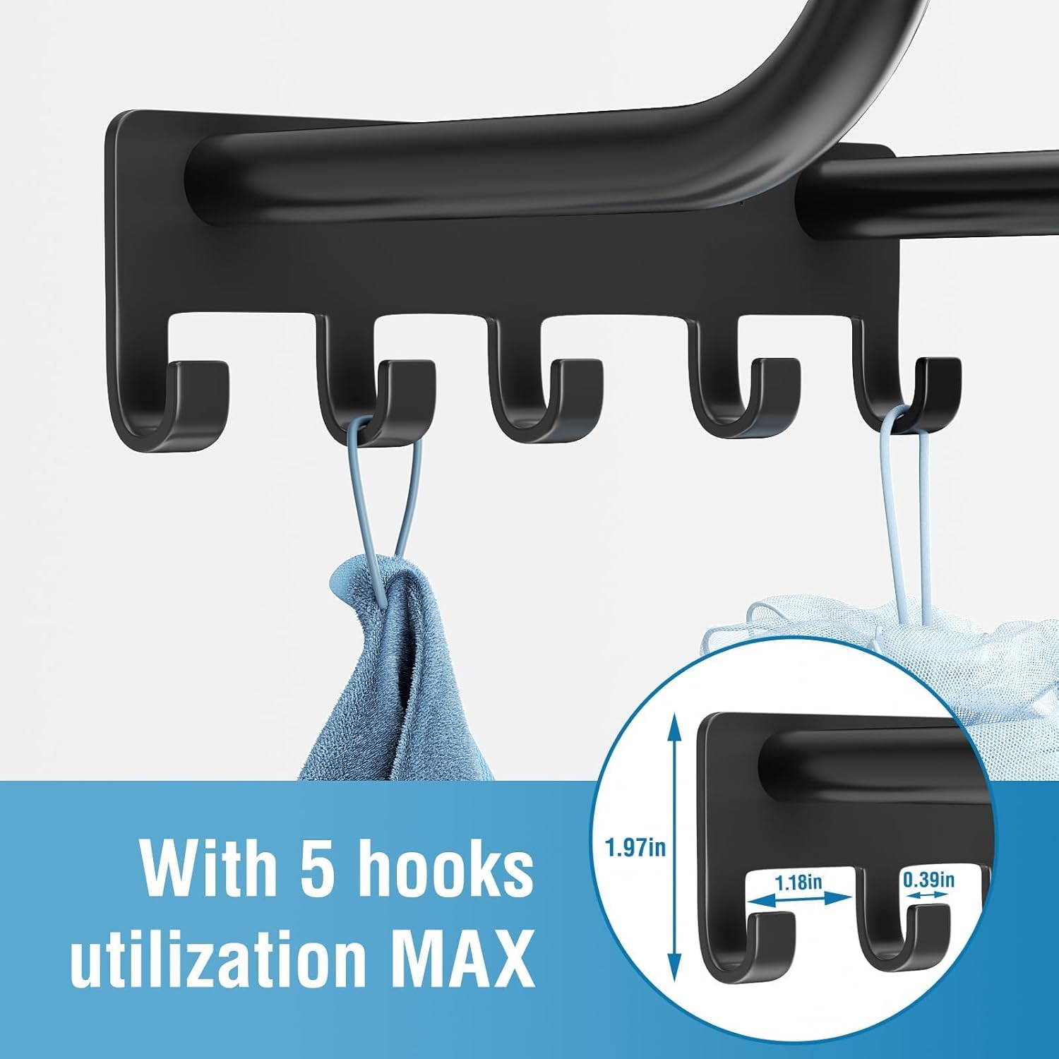 Towel Rack Bathroom Wall Holder: 15.9 Inch Wall Mounted Shower Organizer, for Rolled Towel Storage, 2 Metal Racks Plus Extra 5 Hooks, for Modern Small Space Bathroom, RV Campers (Matte Black) - Image 3