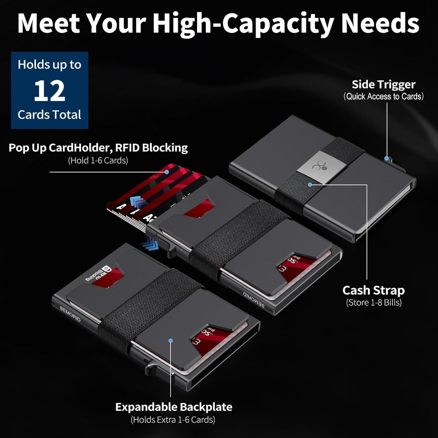 SEMORID Slim Aluminum Card Holder Wallet for Men, Durable Expandable Backplate, RFID Blocking Minimalist Metal Pop Up Wallet, Holds 12+ Cards Plus Cash (Black) - Image 2