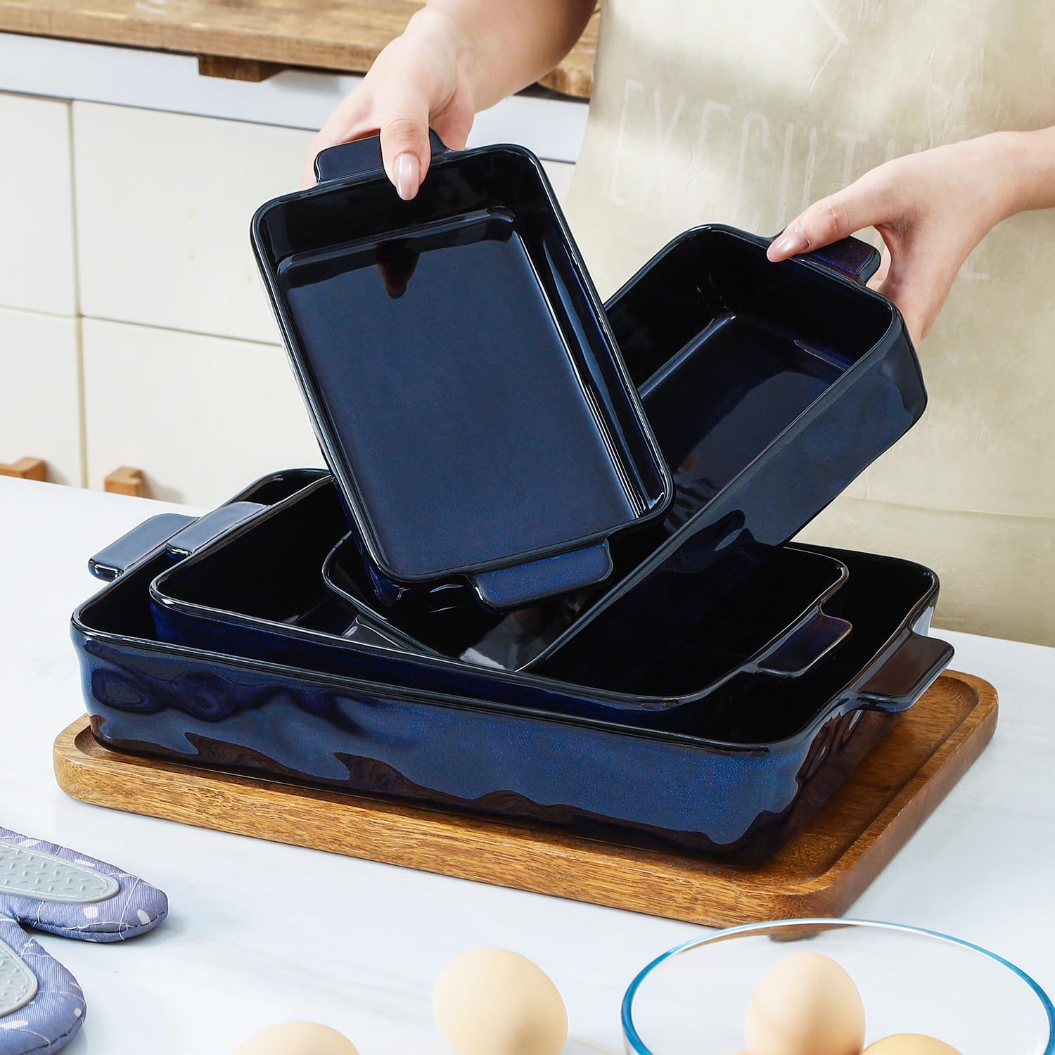 VICRAYS Ceramic Bakeware Set, Porcelain Rectangular Lasagna Pans Casserole Dish Set for Baking, Cooking, Kitchen, Cake Dinner, Banquet and Daily Use, 4 PCS, Blue(9.52"/11.06"/11.77"/14.56") - Image 5