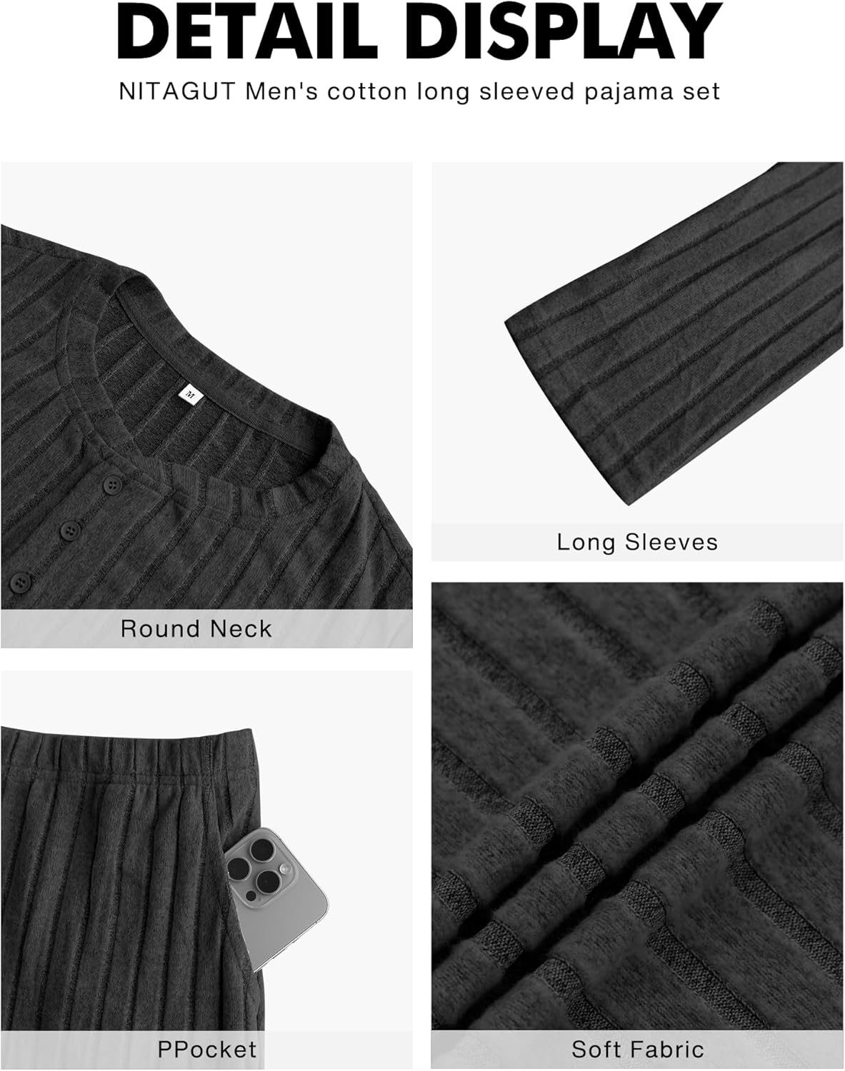 NITAGUT Men's Pajama Set Henley Collar Loungewear Long Sleeved Buttoned Sleepwear 2 Piece Pjs with Pockets - Image 5