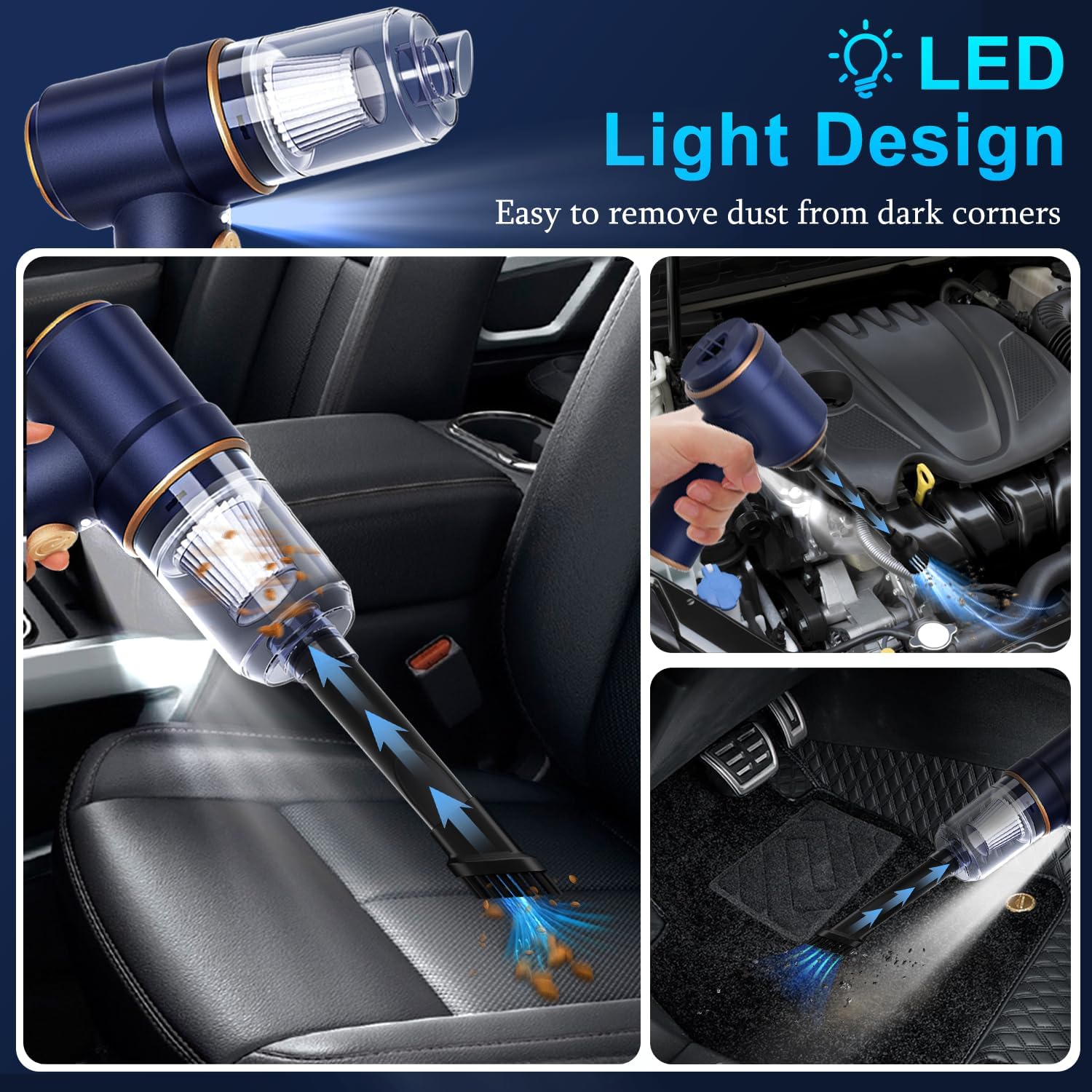 KMM Handheld Car Vacuum Cleaner, 9000Pa Vacuum Cleaner and Air Duster, 120W High Power Hand Held Vacuum with LED Light and Multi-Nozzles for Car, Home, Office, Pet - Image 7