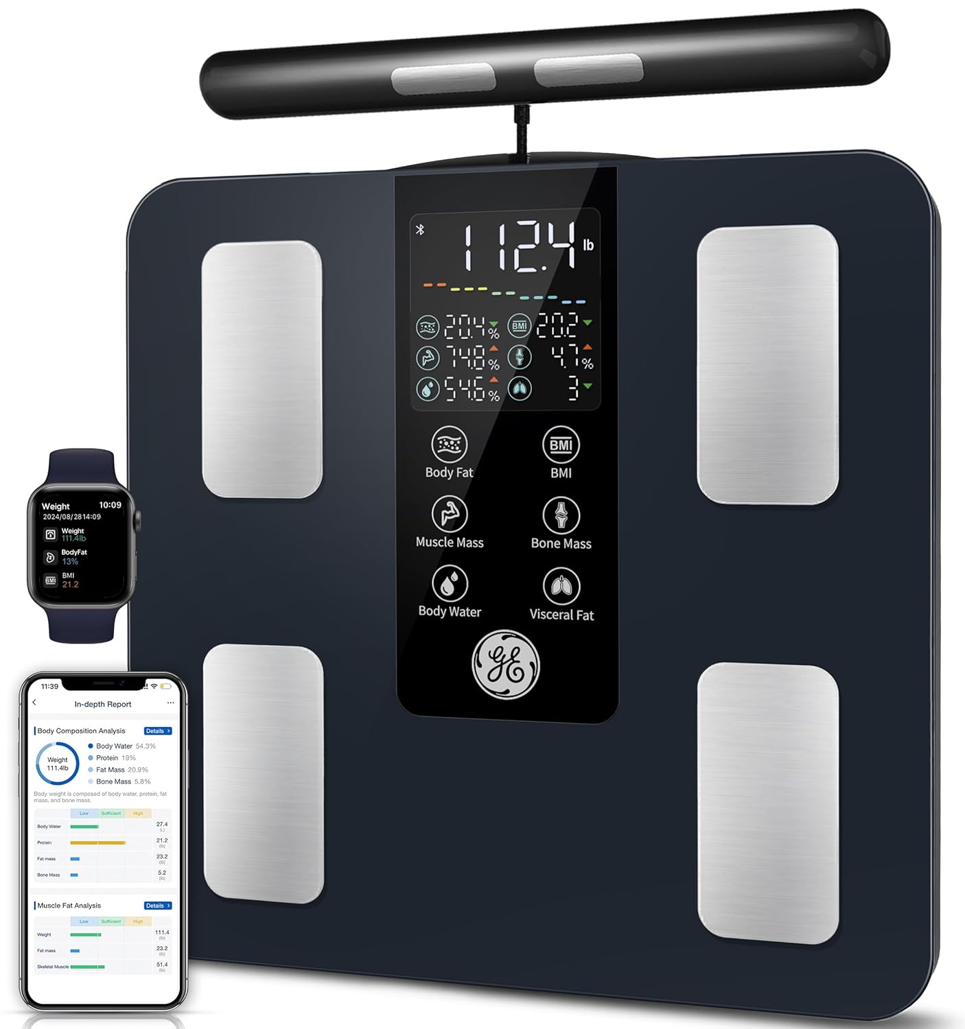 GE Smart Scale for Body Weight: 8-Electrode Digital Bathroom Scale for Weight Fat BMI Muscle Mass Full Body Composition Analyzer 50 Measurements Bluetooth Highly Accurate Weighing Machine 400lb Black GE Smart Scale for Body Weight: 8-Electrode Digital Bathroom Scale for Weight Fat BMI Muscle Mass Full Body Composition Analyzer 50 Measurements Bluetooth Highly Accurate Weighing Machine 400lb Black