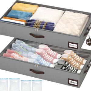 OIAHOMY 2 Pack Under Bed Storage with 4 Compression Bags, Underbed Organizers for Bedroom & Closet, Fits Beds Higher than 5.9″, Space-Saving for Seasonal Clothes, Blankets & Shoes – Grey