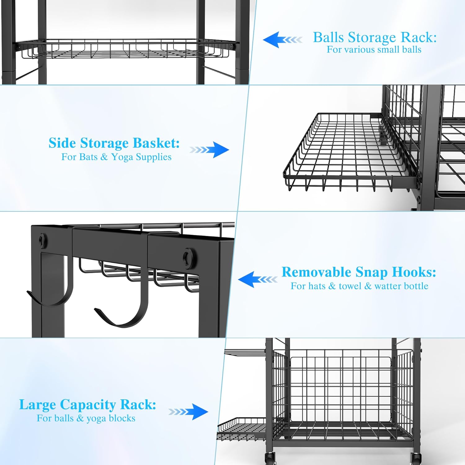 Sports Equipment Garage Organizer,Garage Ball Storage Rack for Sports with Wheels-Upgraded 3 Layers Sports Organizer Rack Outdoor Basketball Racks for Balls with Holder and Hooks - Image 4