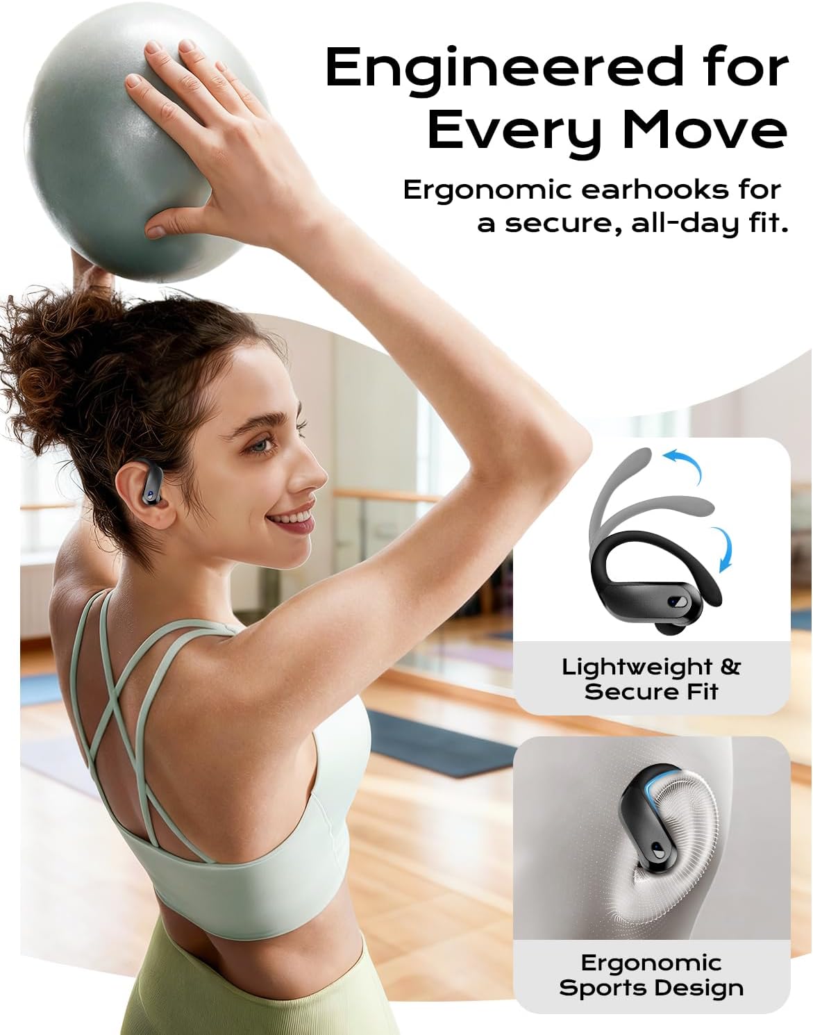 Wireless Earbuds,Bluetooth 5.4 Ear buds,Sport Headphones with Earhooks,IPX7 Waterproof Bluetooth Headphones,80H Playtime Earbuds,Weight 7.8g,Noise Cancelling Mic for Earphones Running & Workout-Black - Image 7