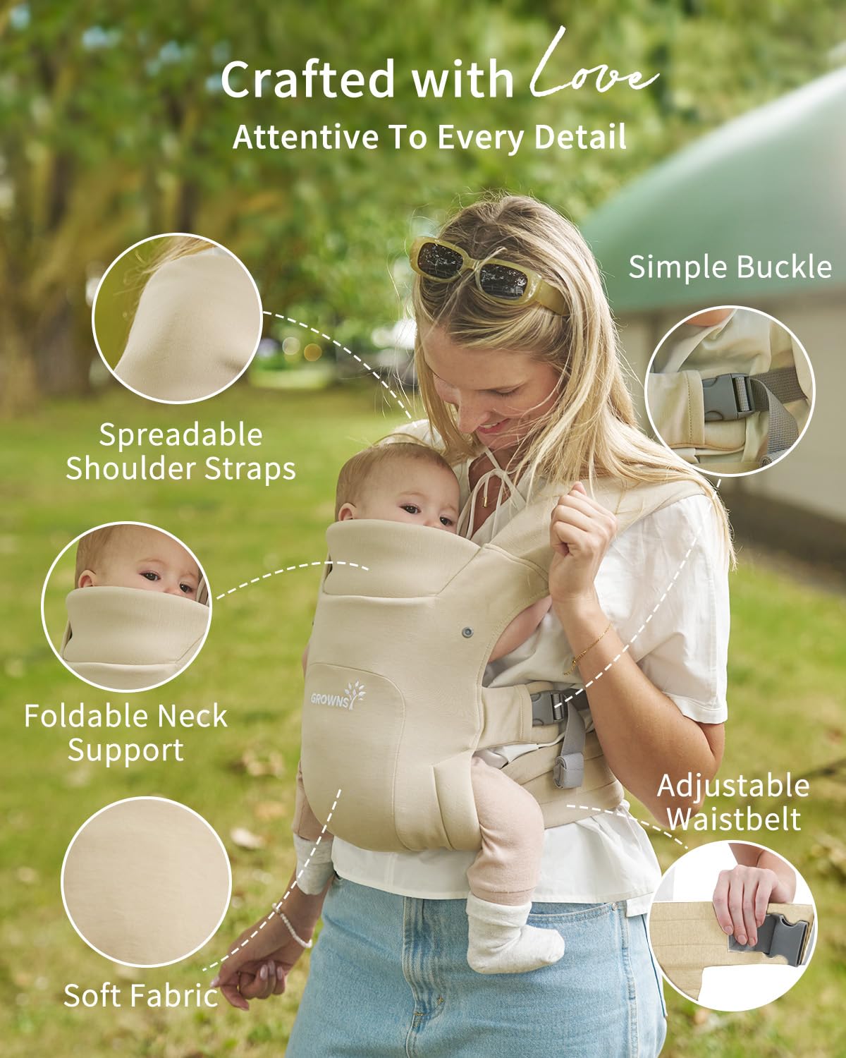 GROWNSY Baby Carrier, Cozy Newborn Carrier, Ergonomic Baby Wraps Carrier Newborn to Toddler with Head Support, Cream - Image 4