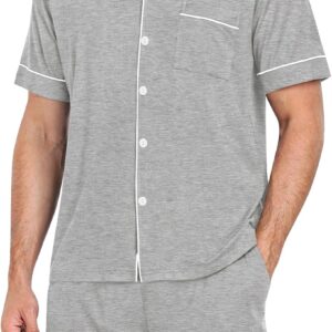 SWOMOG Mens Pajama Set Short Sleeve 2 PCS Sleepwear Button Down Soft Loungewear Modal Set Pj Set with Pockets S-3XL