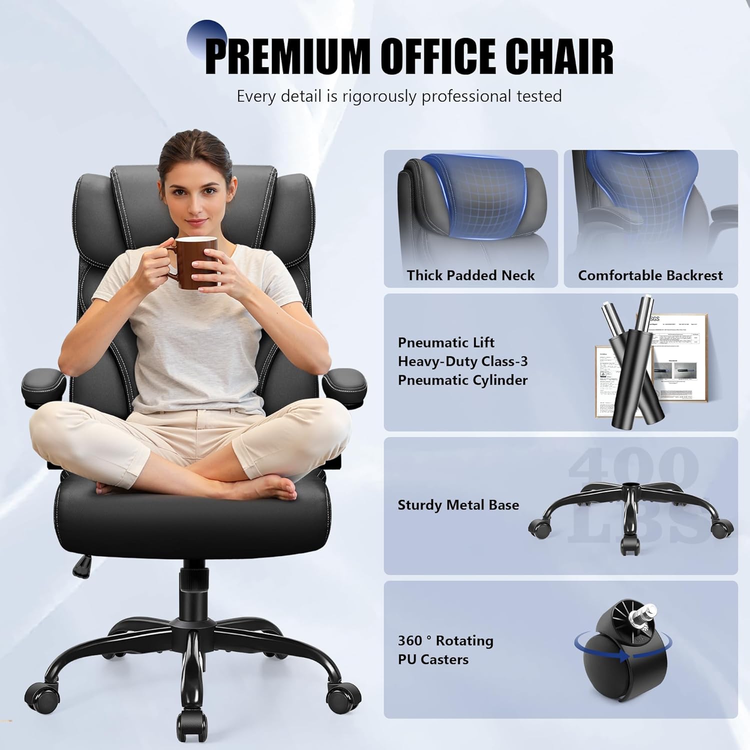 Primy Office Chair, Ergonomic Leather Desk Chair with Flip-up Armrests, Big and Tall High Back Executive Computer & Gaming Chair with Footrest, Comfy Padded, Rocking Function and Lumbar Support(Black) - Image 4