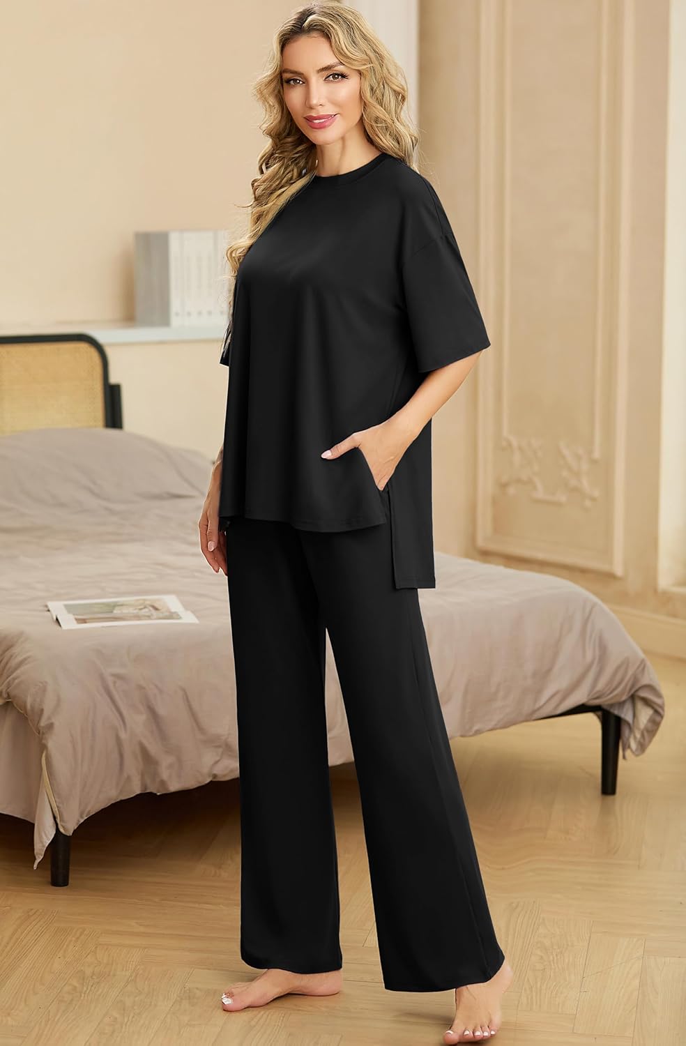 PrinStory Womens Pajamas Sets 2 Piece Lounge Set Short Sleeve Tops and Long Pants Soft Pjs Loungewear with Pockets - Image 3