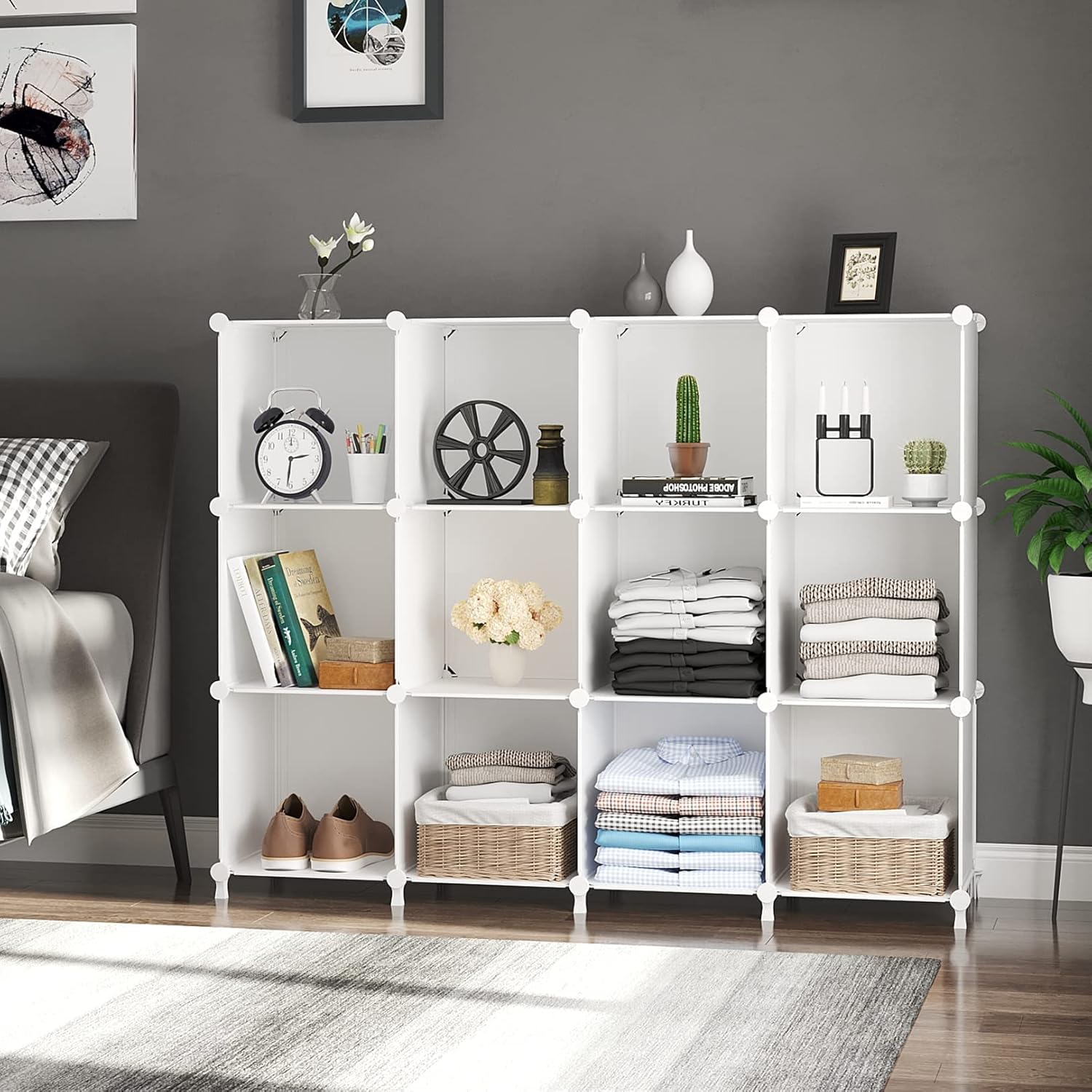 AWTATOS Cube Storage Organizer Storage 12 Cube Bookshelf DIY Plastic Closet Clothes Storage Shelves with Wooden Mallet, Stackable Storage Solution for Home, Bedroom, White - Image 4