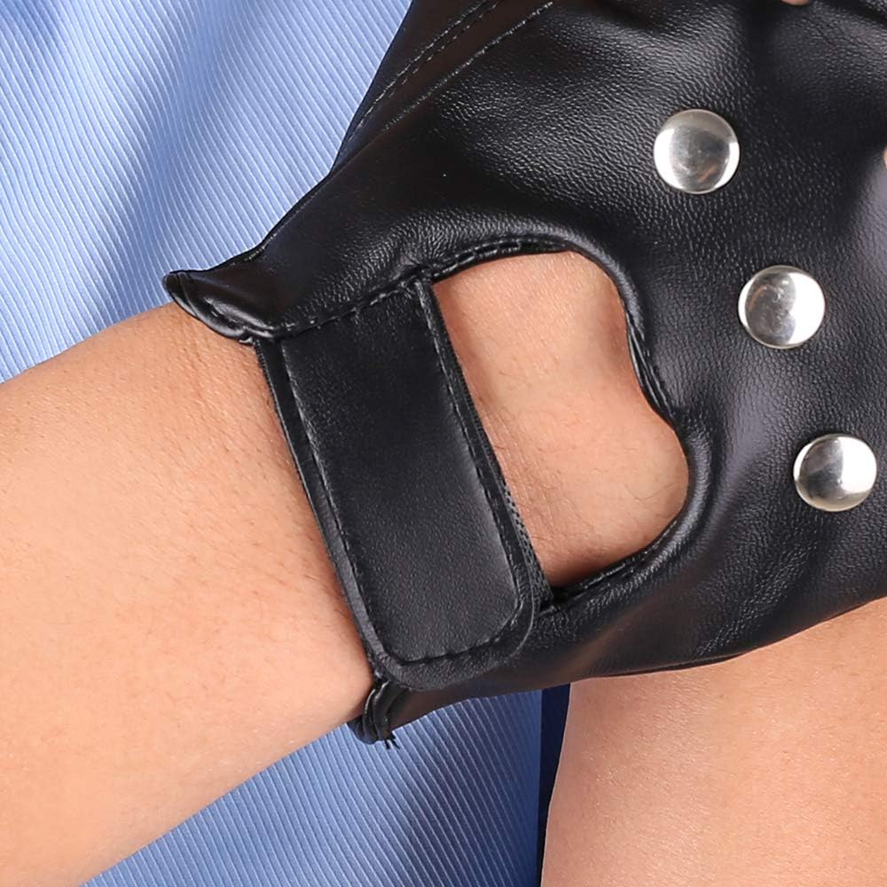 JISEN Men PU leather Punk Gloves Steampunk Gothic Half Finger Hook-Loop Mittens - Image 4