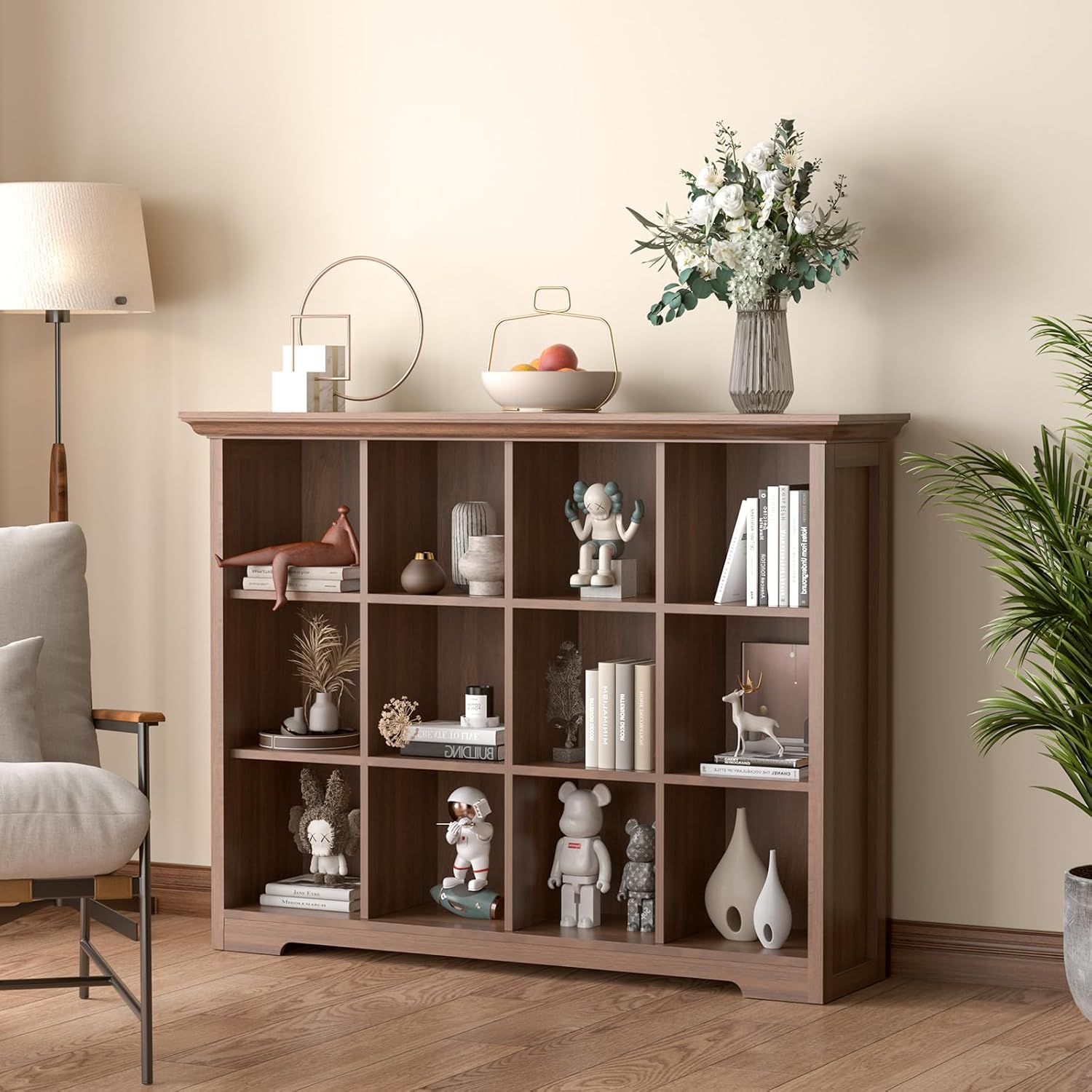 OSCHF Cube Shelf Bookcase with Base - Wooden 3 Tiers Floor Standing Low Storage Cabinet for Home and Office, 12-Cube Lattice Bookshelf, Walnut - Image 2
