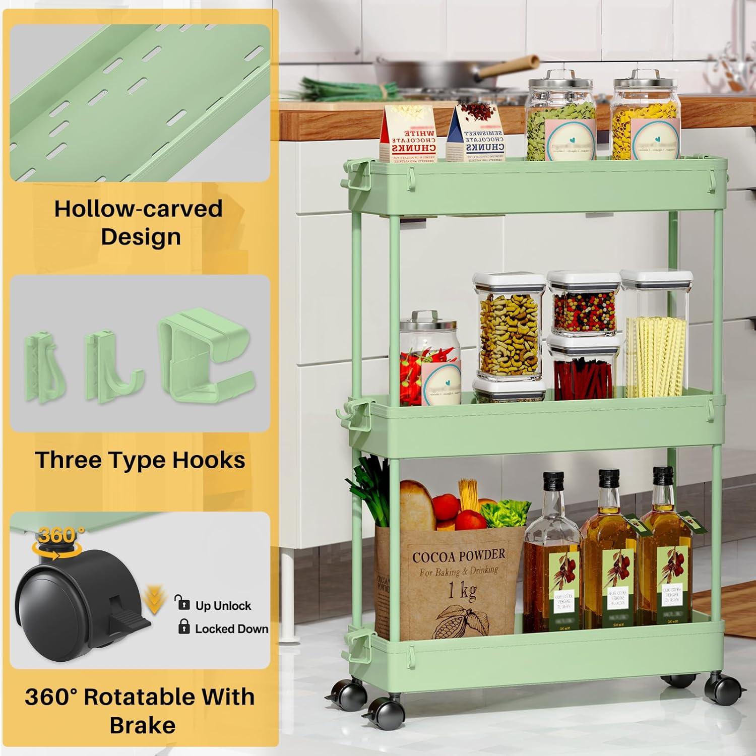 SPACEKEEPER Slim Rolling Storage Cart, 3 Tier Bathroom Organizer Utility Cart Laundry Room Organization Mobile Shelving Unit for Kitchen, Bathroom, Office, Bedroom, Narrow Places, Green - Image 6