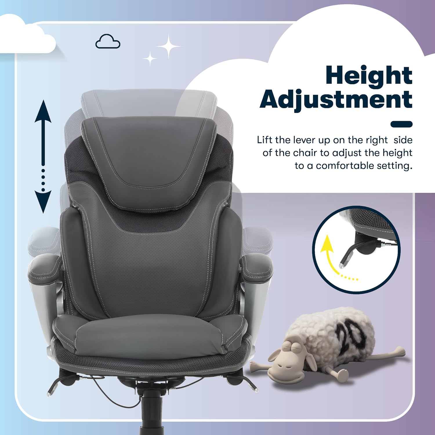 Serta Bryce Executive Office Chair - Ergonomic Computer Desk Chair with Patented AIR Lumbar Technology - Adjustable Height - Memory Foam Body Pillows - 360° Swivel Rolling Base - Bonded Leather - Gray - Image 7