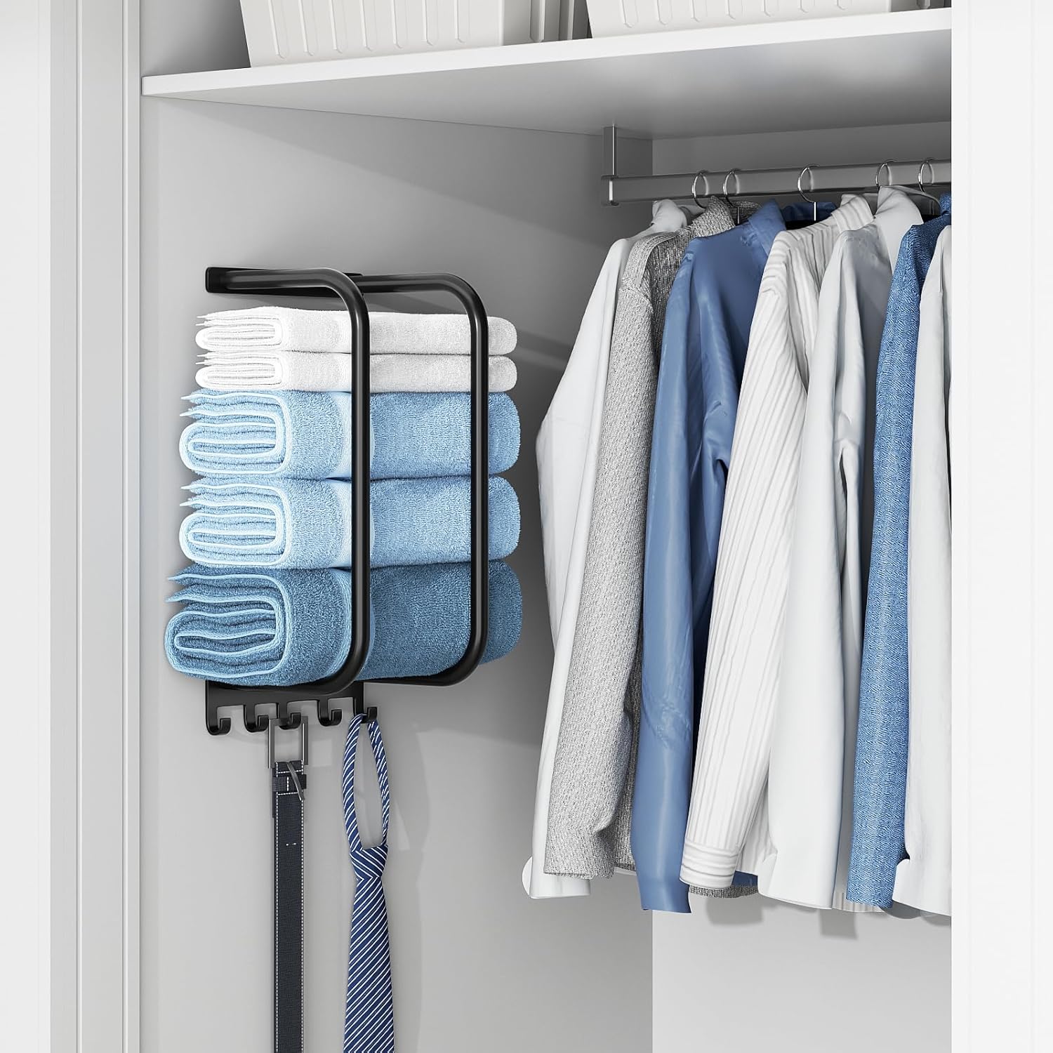 Towel Rack Bathroom Wall Holder: 15.9 Inch Wall Mounted Shower Organizer, for Rolled Towel Storage, 2 Metal Racks Plus Extra 5 Hooks, for Modern Small Space Bathroom, RV Campers (Matte Black) - Image 6