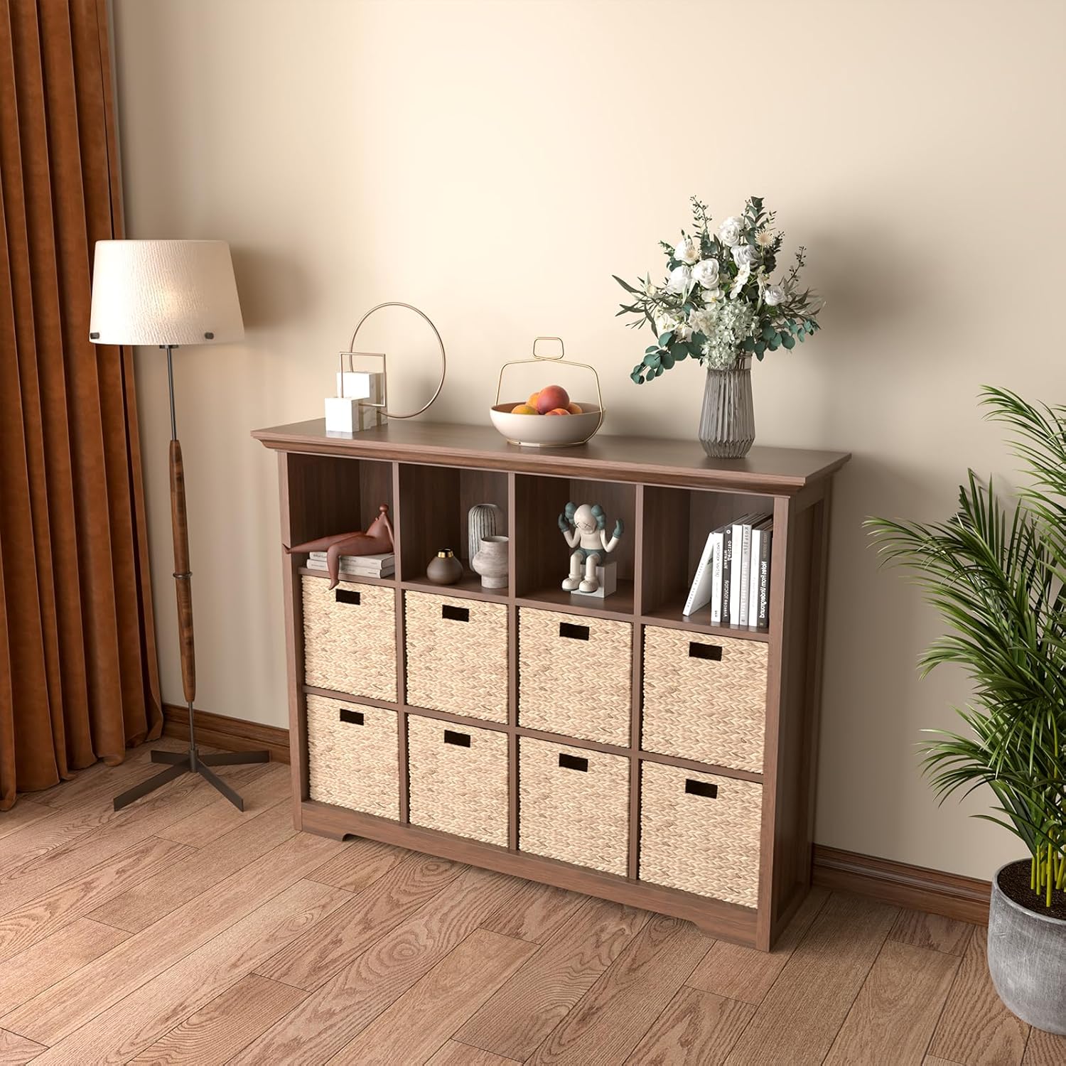 OSCHF Cube Shelf Bookcase with Base - Wooden 3 Tiers Floor Standing Low Storage Cabinet for Home and Office, 12-Cube Lattice Bookshelf, Walnut - Image 7