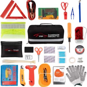 STDY Car Roadside Emergency Kit, Vehicle Truck Safety Road Side Assistance Kits Auto Accessory, with Jumper Cables, Tow Rope, Reflective Triangle, Tire Pressure Gauge, etc