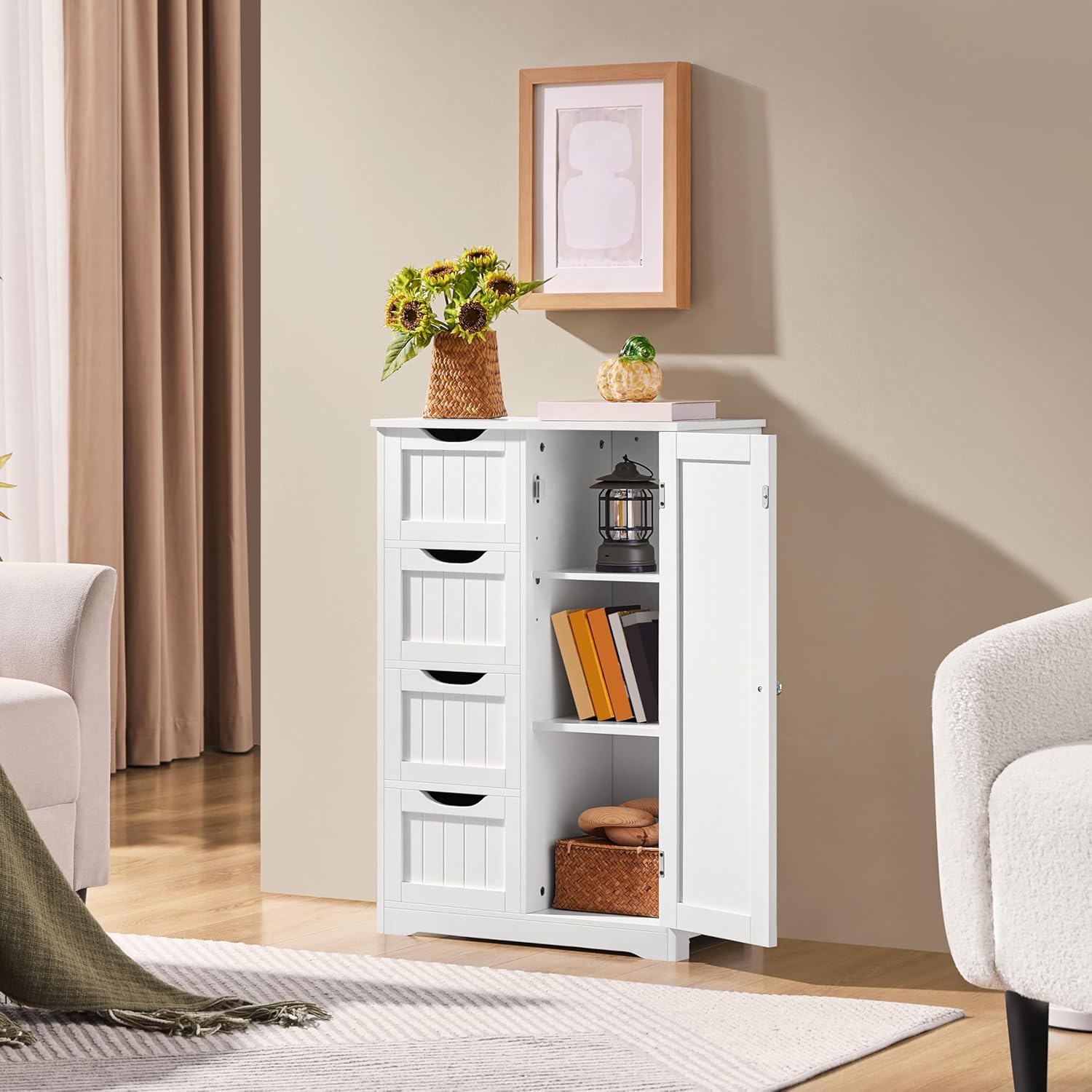 Yaheetech Wooden Floor Cabinet, Side Storage Organizer with 4 Drawers and 1 Cupboard, Freestanding Entryway Storage Unit Console Table, Bathroom Furniture Home Decor, White - Image 7