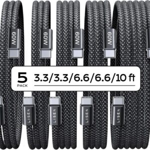 LISEN USB C to USB C Cable, 5-Pack [3.3/3.3/6.6/6.6/10FT] for iPhone 17 Charger Cord, 60W C to C Cable Fast Charging for iPad, iPhone 16 15 Pro Max, Galaxy S25/S24 USBC to USBC Cable Gifts for Men
