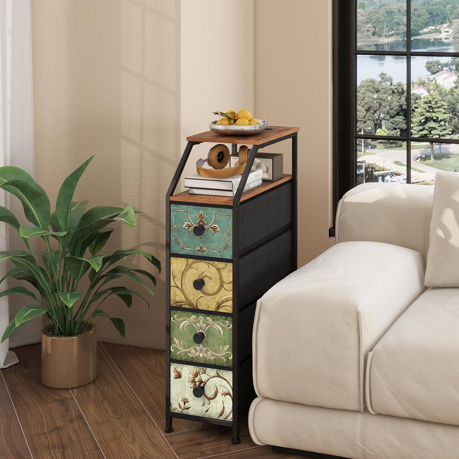 Tohomeor Narrow Dresser Tall Skinny Storage Tower Vertical Slim Chest of Drawers with Charging Station Small Nightstand Side Table for Bedroom, Bathroom, Small Spaces (Retro Flower, 4 Drawers) - Image 2