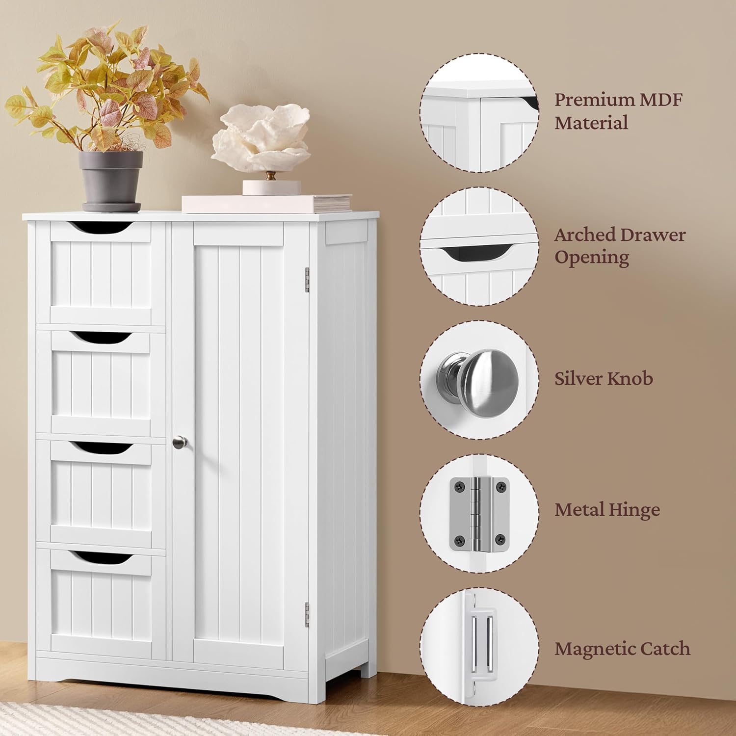 Yaheetech Wooden Floor Cabinet, Side Storage Organizer with 4 Drawers and 1 Cupboard, Freestanding Entryway Storage Unit Console Table, Bathroom Furniture Home Decor, White - Image 6