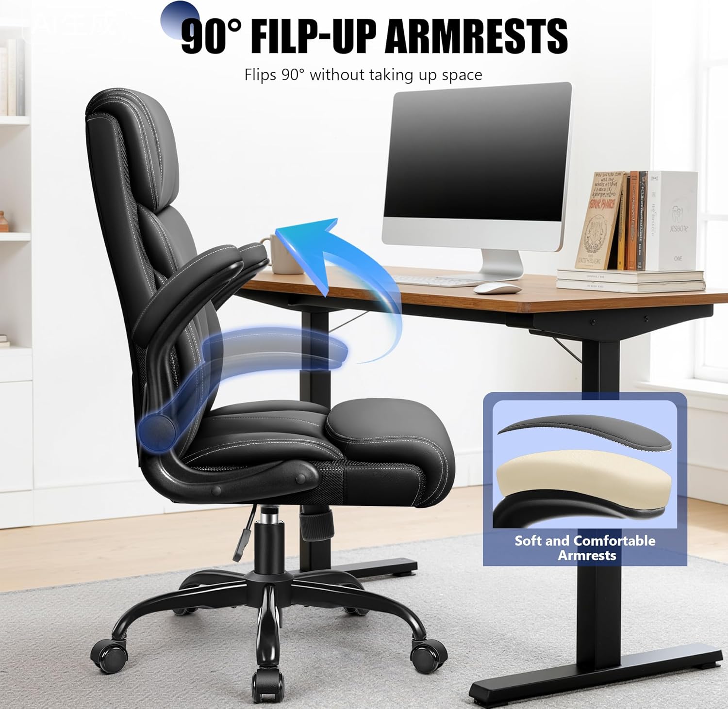Primy Office Chair, Ergonomic Leather Desk Chair with Flip-up Armrests, Big and Tall High Back Executive Computer & Gaming Chair with Footrest, Comfy Padded, Rocking Function and Lumbar Support(Black) - Image 3