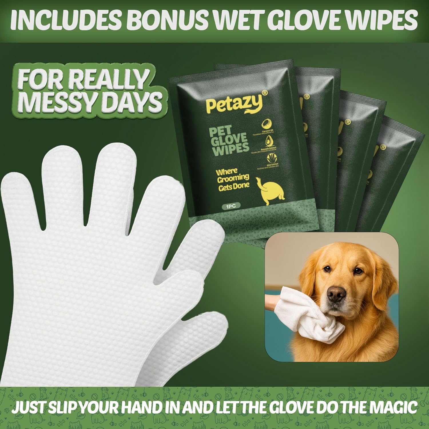 Petazy Pet Wipes for Dogs and Cats – 400 Count (8x8in) Hypoallergenic, Deodorizing Dog Wipes for Paws, Ears and Butt | XL with Aloe & Coconut Oil, Lavender Scented | Includes 4 Grooming Glove Wipes - Image 4