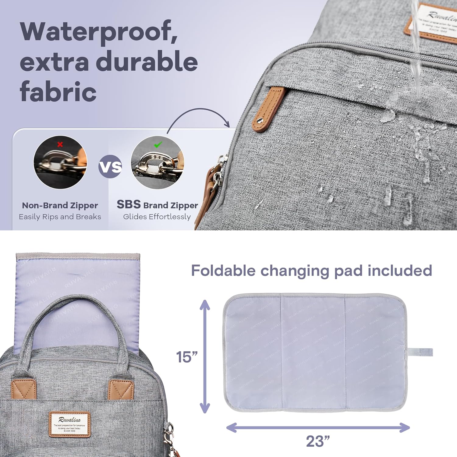 RUVALINO Diaper Bag Backpack-Multifunction Travel Baby Diaper Bag with Changing Pad, Insulated Bottle Holders & Pacifier Case, Large Capacity, Waterproof, Gray - Image 6