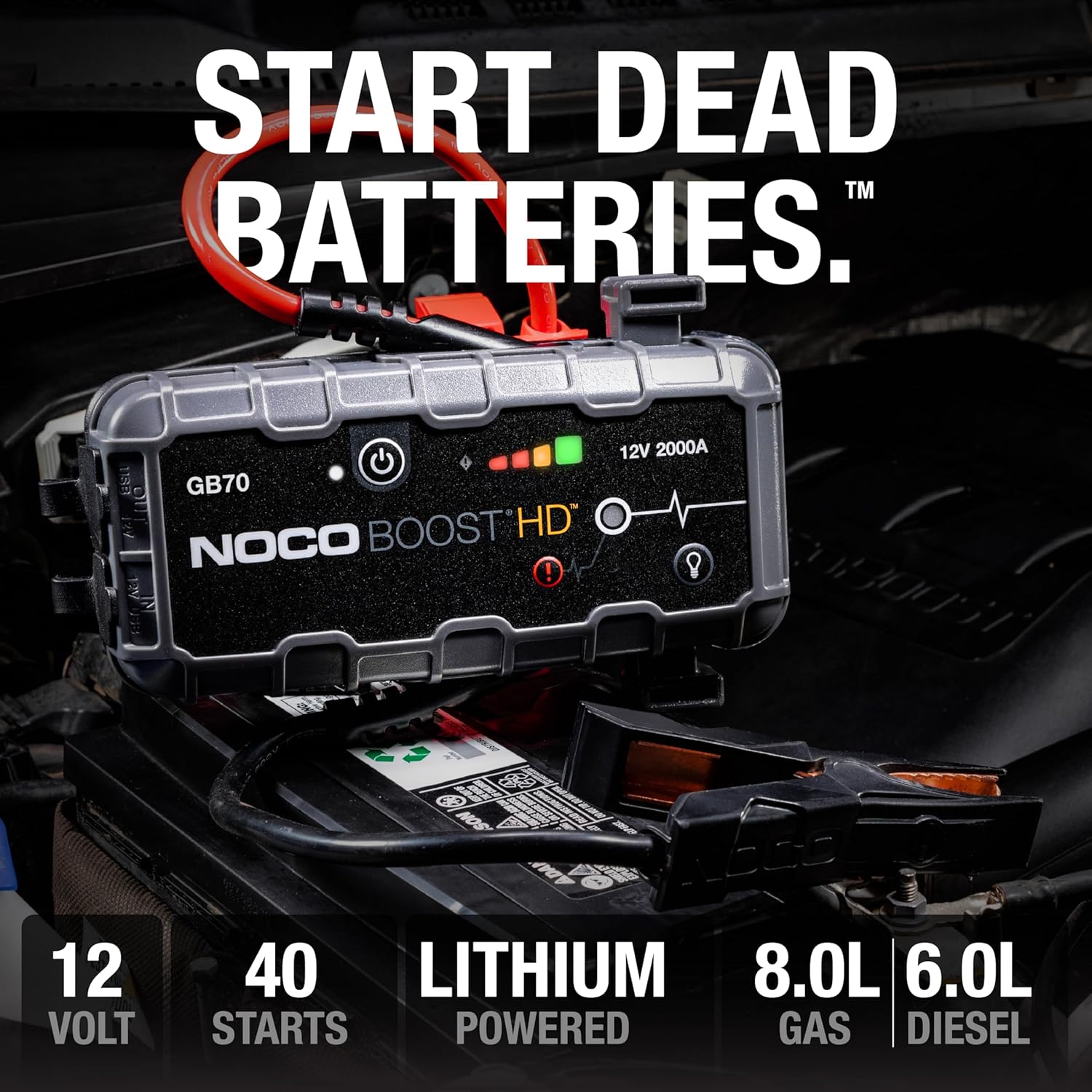 NOCO Boost GB70: 2000A UltraSafe Jump Starter – 12V Lithium Battery Booster Pack, Portable Jump Box, Power Bank & Jumper Cables - for 8.0L Gas and 6.0L Diesel Engines - Image 2
