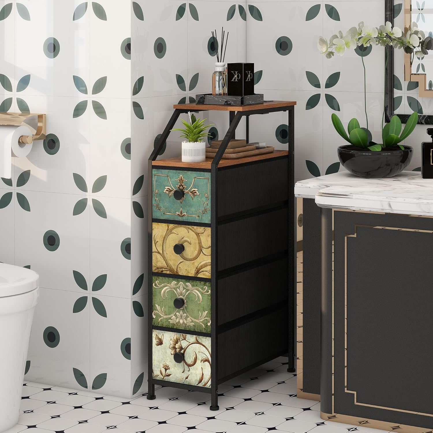 Tohomeor Narrow Dresser Tall Skinny Storage Tower Vertical Slim Chest of Drawers with Charging Station Small Nightstand Side Table for Bedroom, Bathroom, Small Spaces (Retro Flower, 4 Drawers) - Image 5