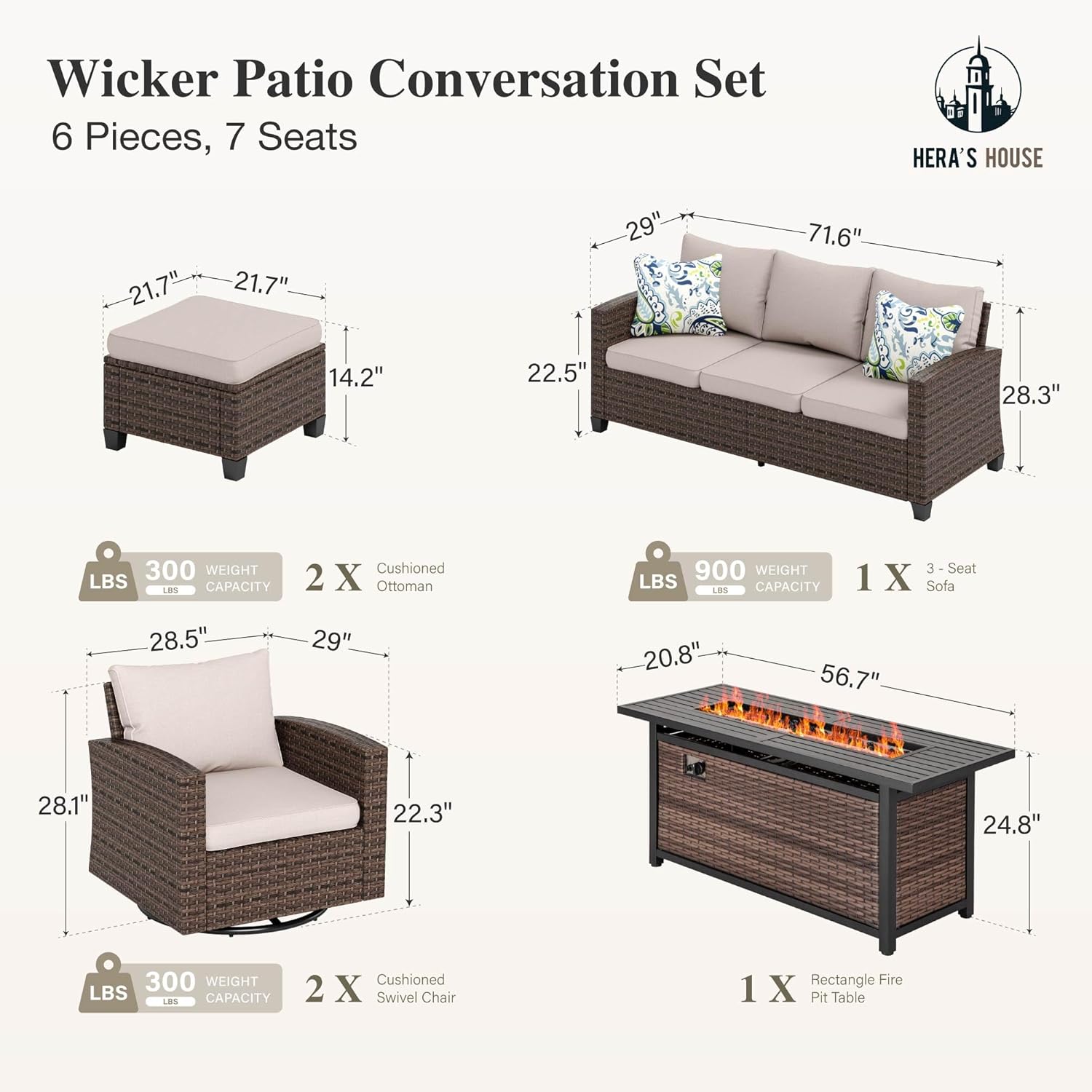 HERA'S HOUSE Swivel Glide Patio Furniture Set with 56" Fire Pit Table, 6 Pieces Outdoor Wicker Sectional Conversation Sofa Sets for Lawn Backyard Deck, Beige - Image 6