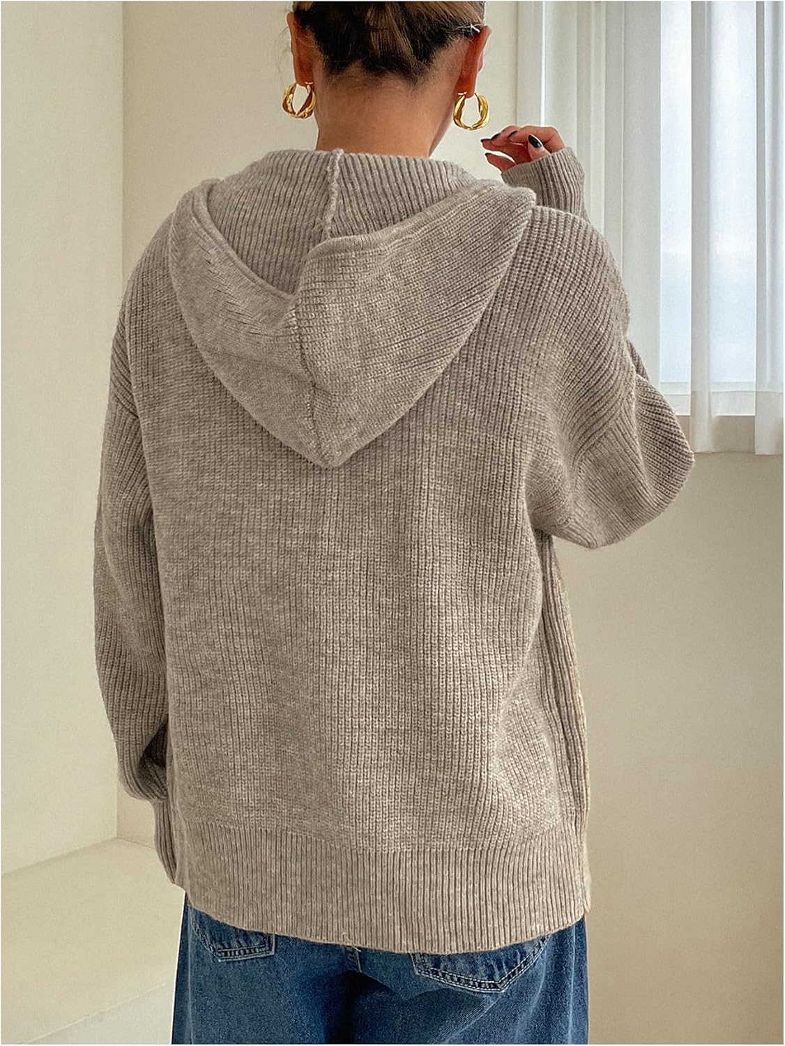 SOLY HUX Zip Up Cardigan for Women Hooded Cardigan Sweater Knitted Drop Shoulder Fall Clothes Winter Hoodies Outerwear - Image 2