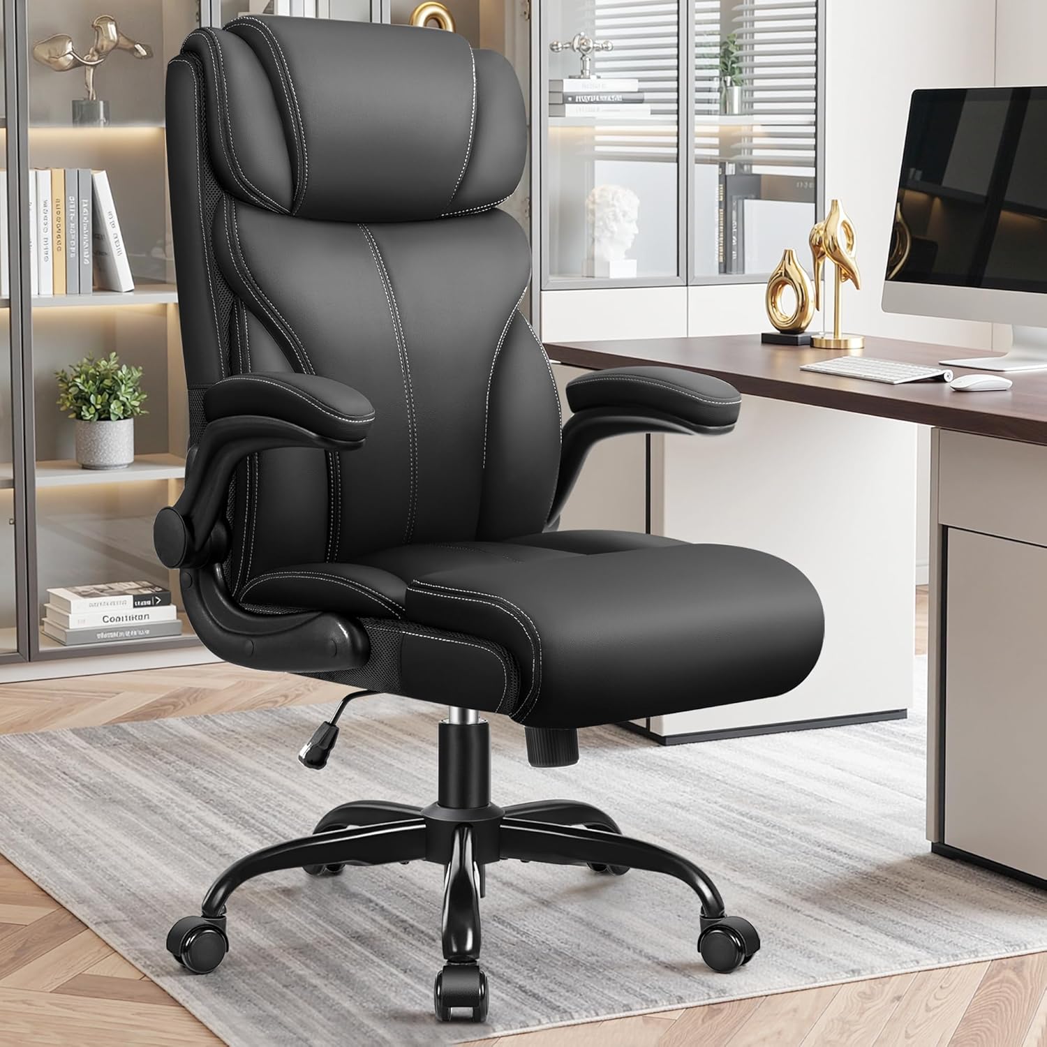 Primy Office Chair, Ergonomic Leather Desk Chair with Flip-up Armrests, Big and Tall High Back Executive Computer & Gaming Chair with Footrest, Comfy Padded, Rocking Function and Lumbar Support(Black) Primy Office Chair, Ergonomic Leather Desk Chair with Flip-up Armrests, Big and Tall High Back Executive Computer & Gaming Chair with Footrest, Comfy Padded, Rocking Function and Lumbar Support(Black)