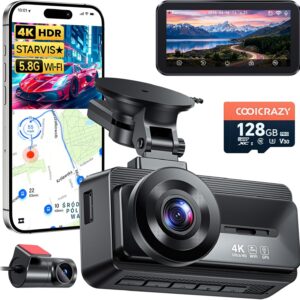 Coolcrazy 4K Dash Cam Front and Rear, STARVIS Sensor, Free 128GB Card Included, 5GHz WiFi-up to 20MB/s, Dual Dash Camera for Cars, Built-in GPS, G-Sensor, WDR/HDR Super Night Vision, 24H Parking Mode