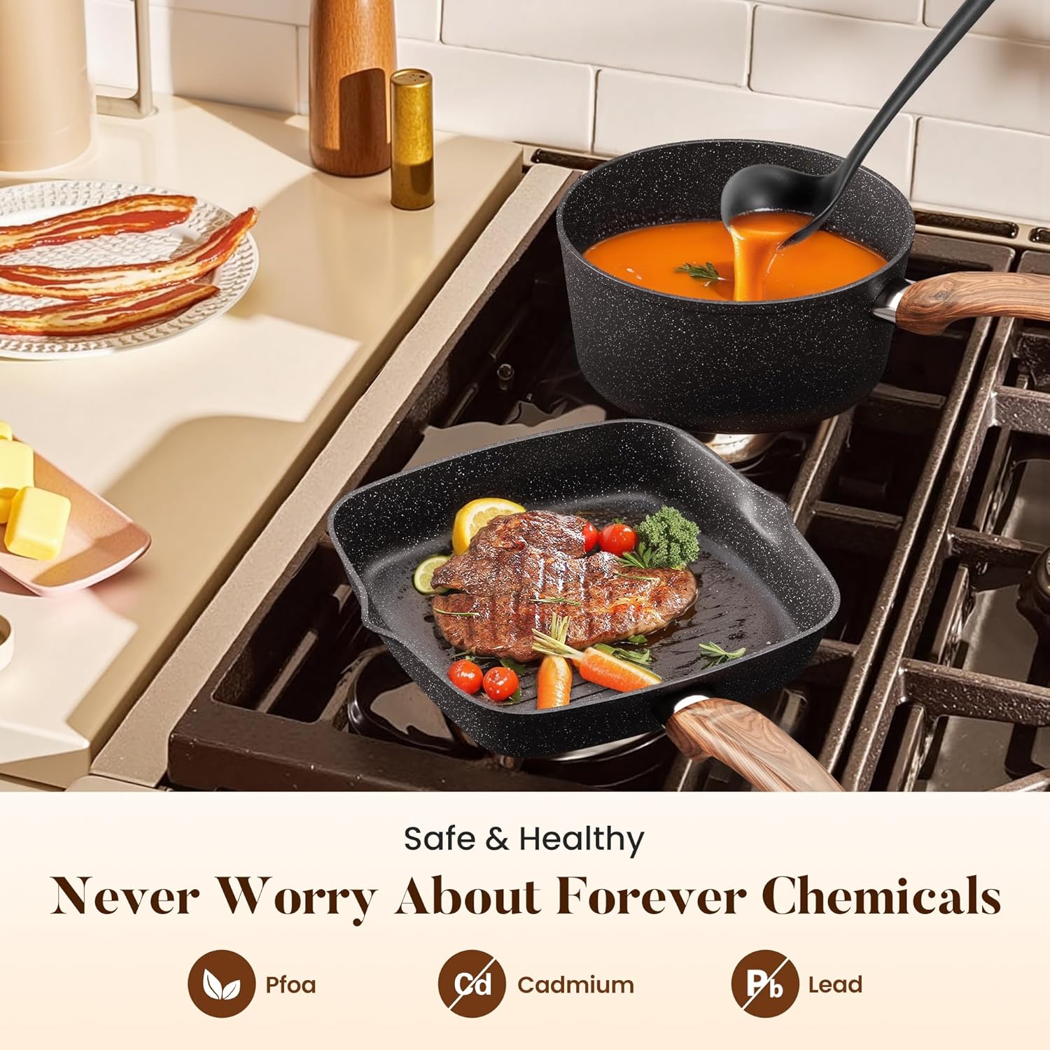 Kitchen Induction Cookware & Bakeware Set - 30 Piece Black Granite Cooking Pans Set, Non-Stick Pots and Pans Set - Image 2