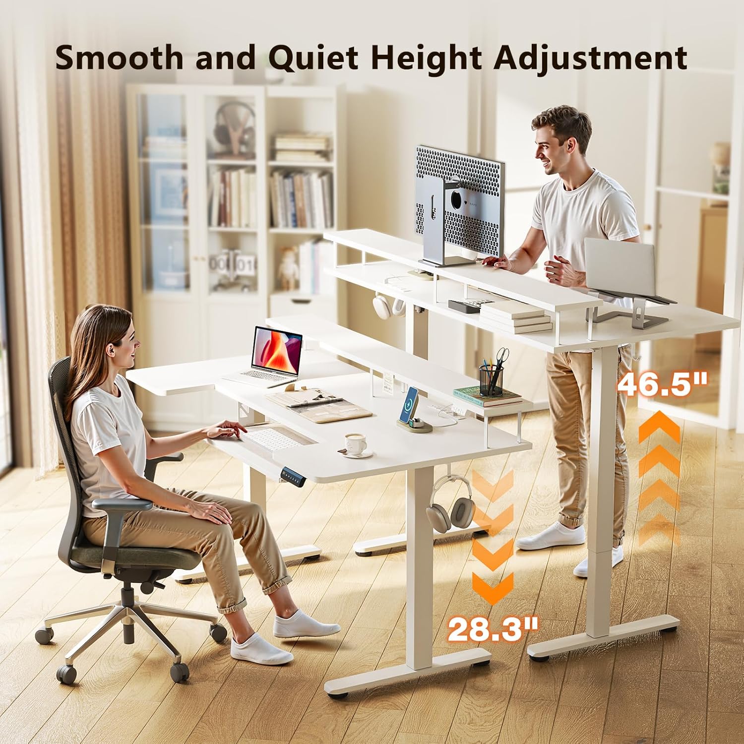 OffiGo U Shaped Electric Standing Desk with Keyboard Tray, 55 Inch Height Adjustable Desk with Power Outlets & LED Lights, Sit Stand Table with Monitor Stand for Home, Office, White - Image 4