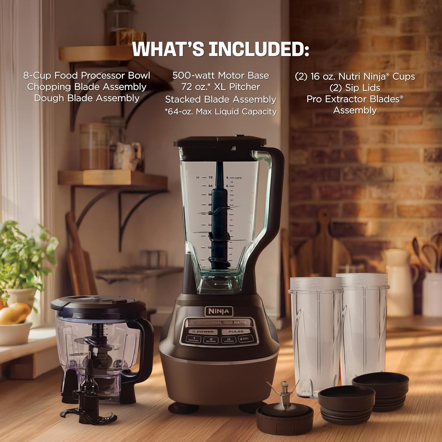 Ninja Kitchen System | All-in-One Food Processor & Blender for Smoothies | Includes Pitcher, (2) 16 oz. To-Go Cups & 8-Cup Bowl | Makes Salsa, Dough, Shakes, & Frozen Drinks | 1500W | Black | BL770 - Image 8