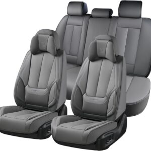 Coverado Universal Seat Covers Full Set, 5 Seats Universal Seat Covers for Cars, Waterproof Nappa Leather Car Seat Covers with Head Pillow, Auto Protectors Fit for Most Sedans SUV Pick-up Truck-Gray