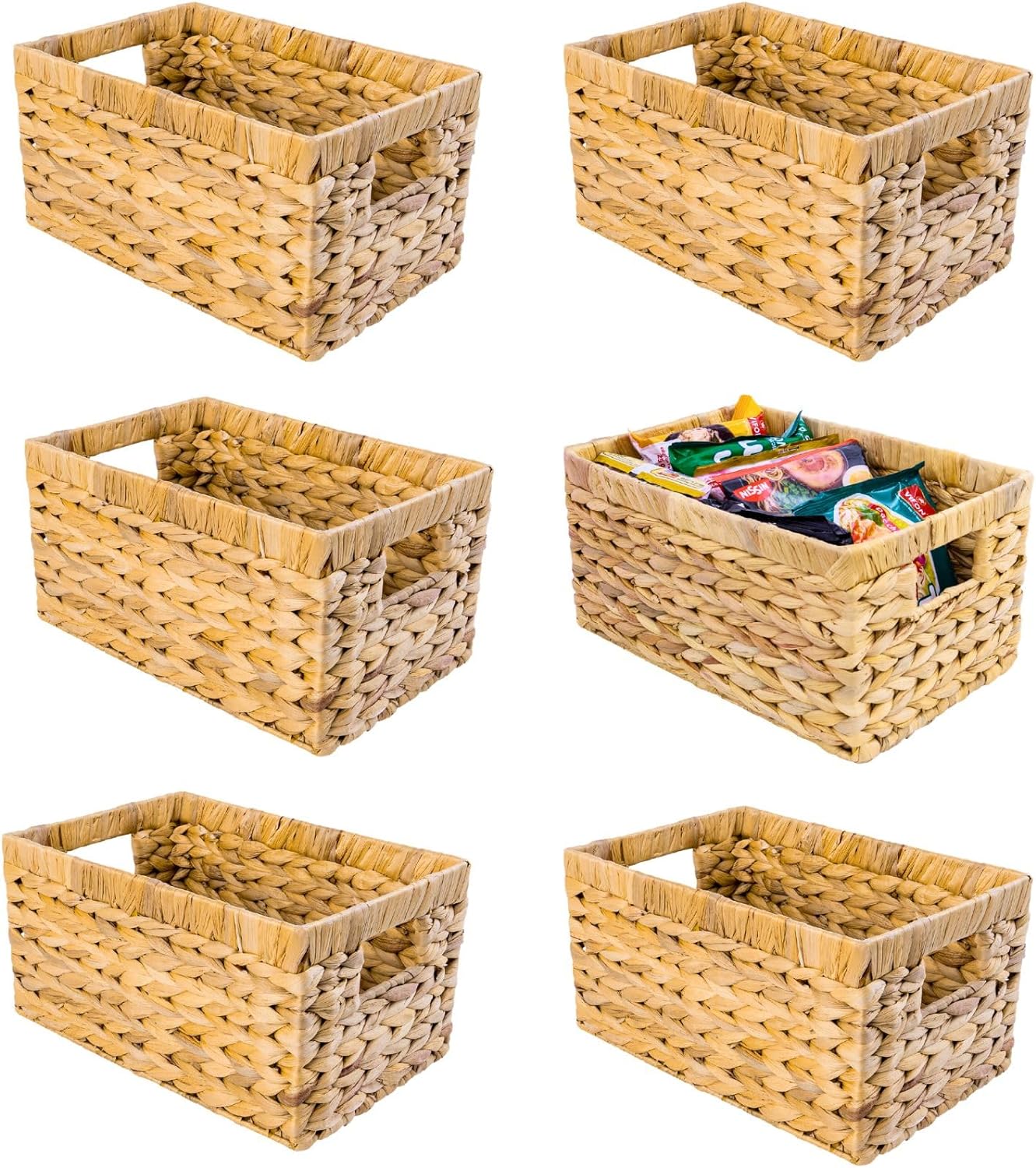 M4DECOR Set of 6 Water Hyacinth Storage Baskets – Wicker Storage Baskets for Shelves, Pantry Baskets for Organizing, Handwoven Wicker Baskets for Storage (Medium)