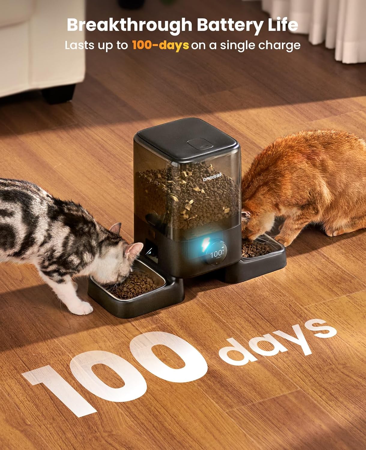 oneisall Cordless WiFi Automatic Cat Feeder for 2 Cats, Rechargeable 100-Day Battery Operated Auto Cat Feeder, 20 Cups/5L Timed Cats Food Dispenser Automatic for Large Kibble, Smart App Control - Image 3