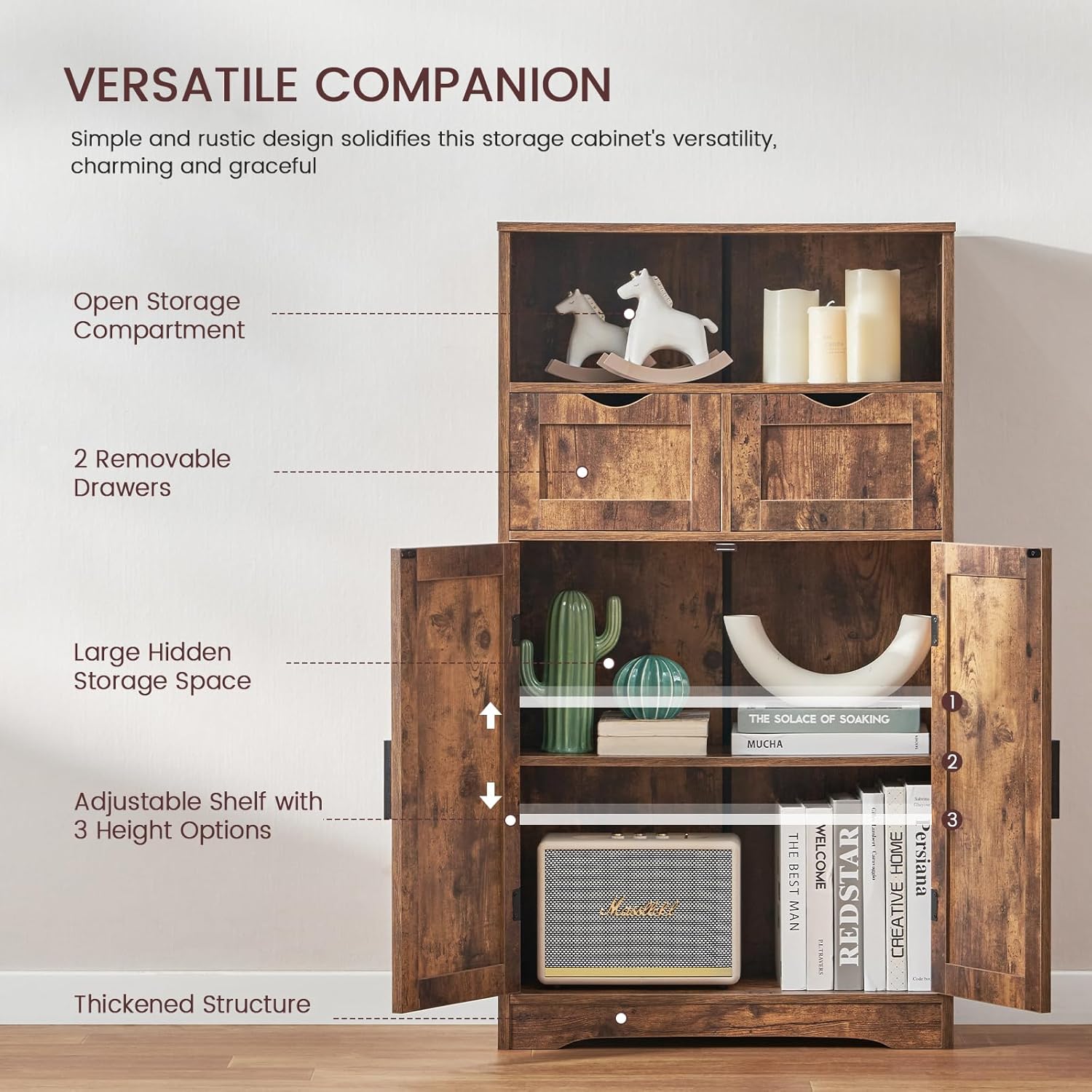 Iwell Storage Cabinet with 2 Drawers & Adjustable Shelves, Cupboard, Floor Cabinet for Living Room, Home Office, Rustic Brown - Image 5
