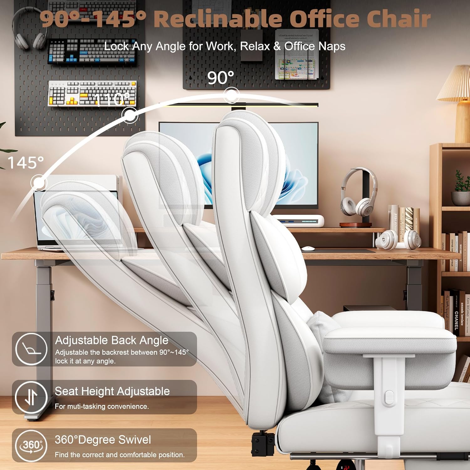 Vonesse Big and Tall Office Chair, Desk Chair with Soft Adjustable Armrests, Ergonomic High Back Gaming Chair with Lumbar Support, Executive Computer Chairs with Footrest (PU Leather, Ivory White) - Image 7