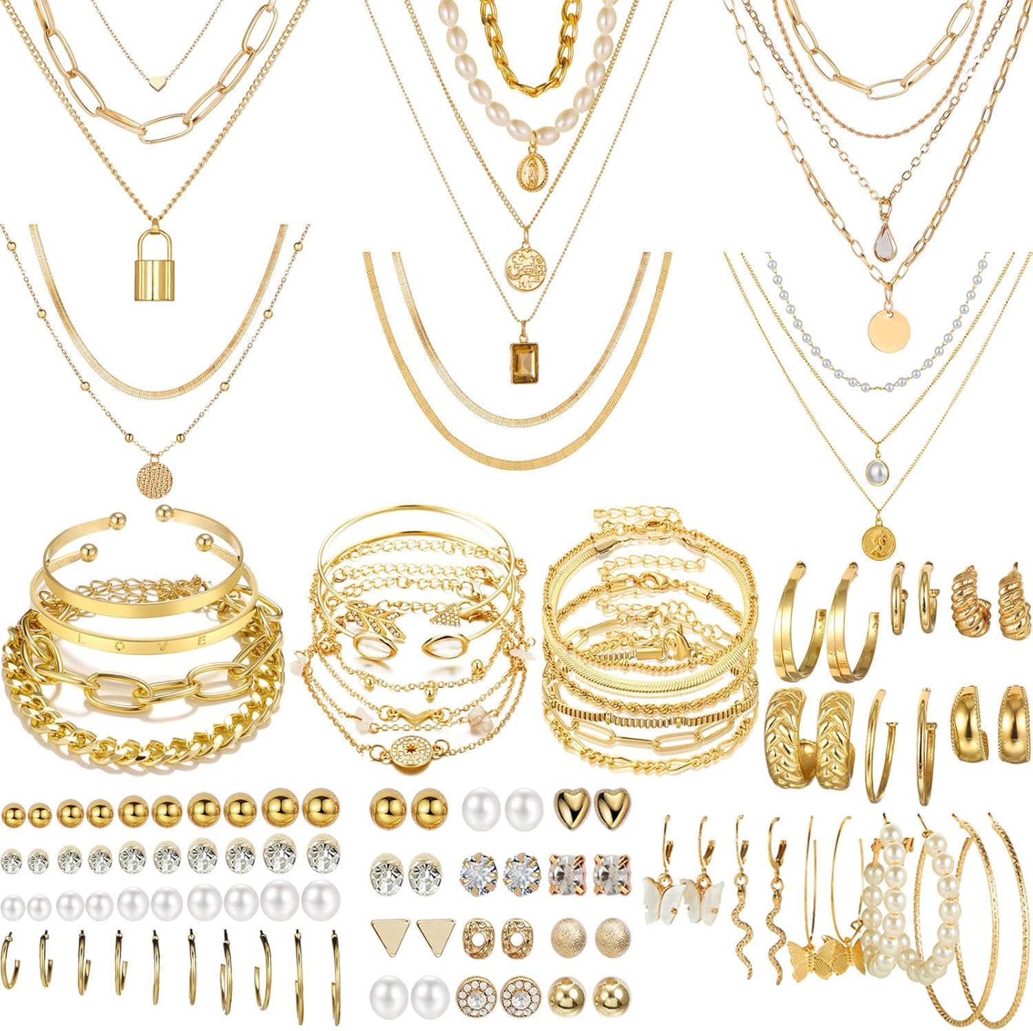 NEWITIN 69 Pieces Gold Jewelry Set for Women Fashion Costume Jewelry Gold Plated Necklace Bracelet Earrings Set for Women NEWITIN 69 Pieces Gold Jewelry Set for Women Fashion Costume Jewelry Gold Plated Necklace Bracelet Earrings Set for Women