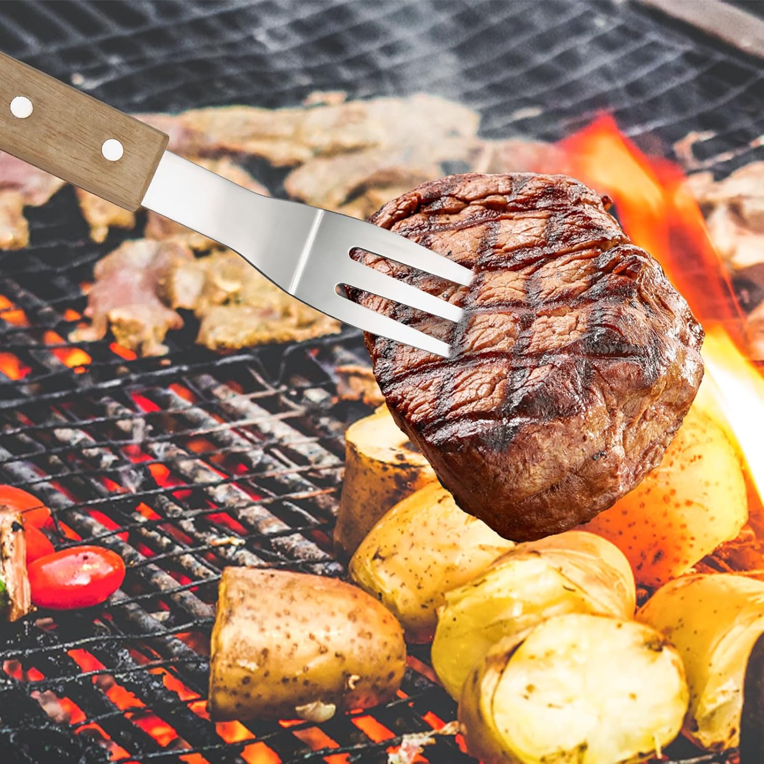 GreatChef Barbecue Grilling Utensils Set of 4, Stainless Steel Tools with Wood Handle, Meat Fork, Slotted Turner, Barbecue Tongs & Silicone Brush, Good BBQ Accessories for Outdoor, Camping & Party - Image 3