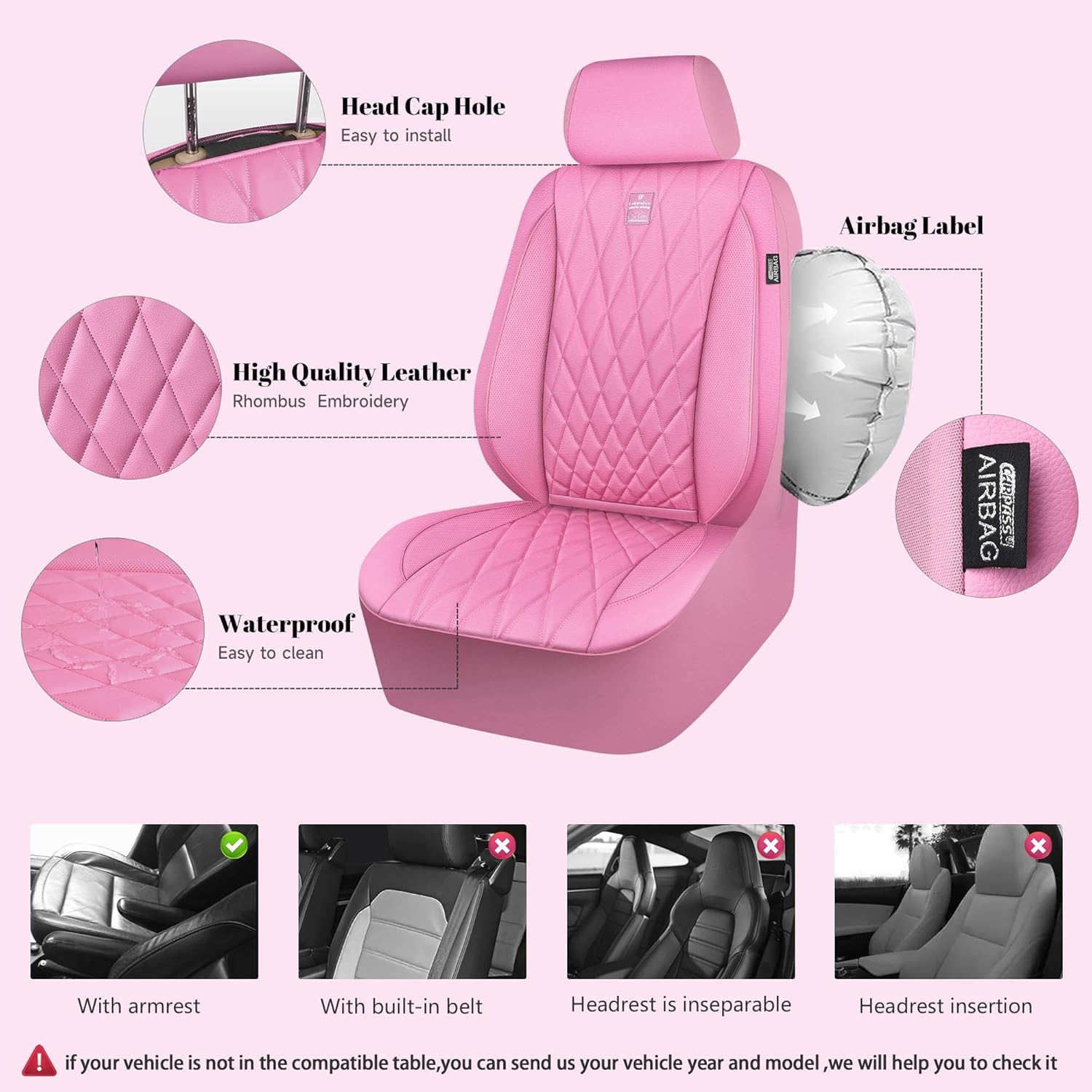 CAR PASS 5 Seats Piping Luxury Leather Seat Covers Full Set, Anti-Slip Waterproof Seat Covers Compatible with Front Armrests, Universal Fit for Suvs,Vans,Trucks,Airbag Compatible, Pure Pink - Image 5