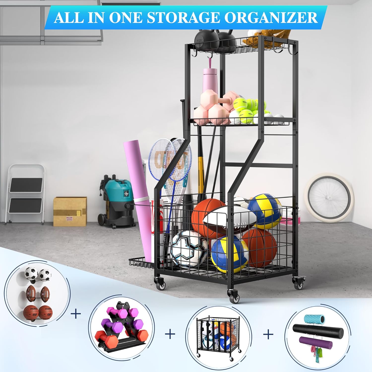 Sports Equipment Garage Organizer,Garage Ball Storage Rack for Sports with Wheels-Upgraded 3 Layers Sports Organizer Rack Outdoor Basketball Racks for Balls with Holder and Hooks - Image 2