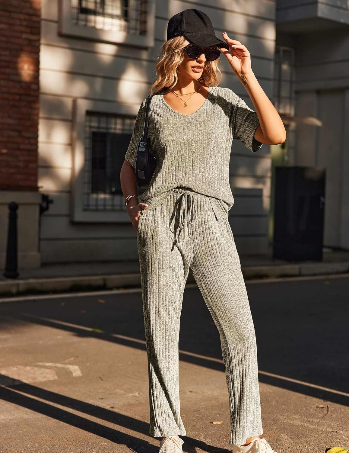 Ekouaer Womens Ribbed Knit Lounge Set Short Sleeve Top and Long Pants Sleepwear Pajama Set Two Piece Matching Outfits Set - Image 6
