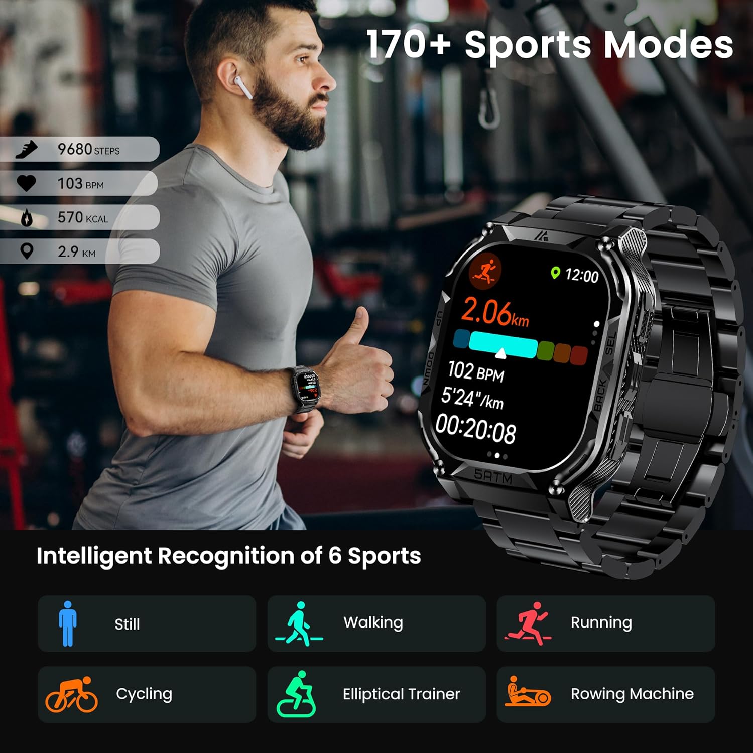 AMAZTIM GPS Smart Watches for Men, 1.96" AMOLED Large Screen, Rugged Stainless Steel Body, 50M Waterproof, Answer/Make Call, Heart Rate Monitor/Sleep Tracking, Android & iOS Compatible, Black, M3E - Image 5