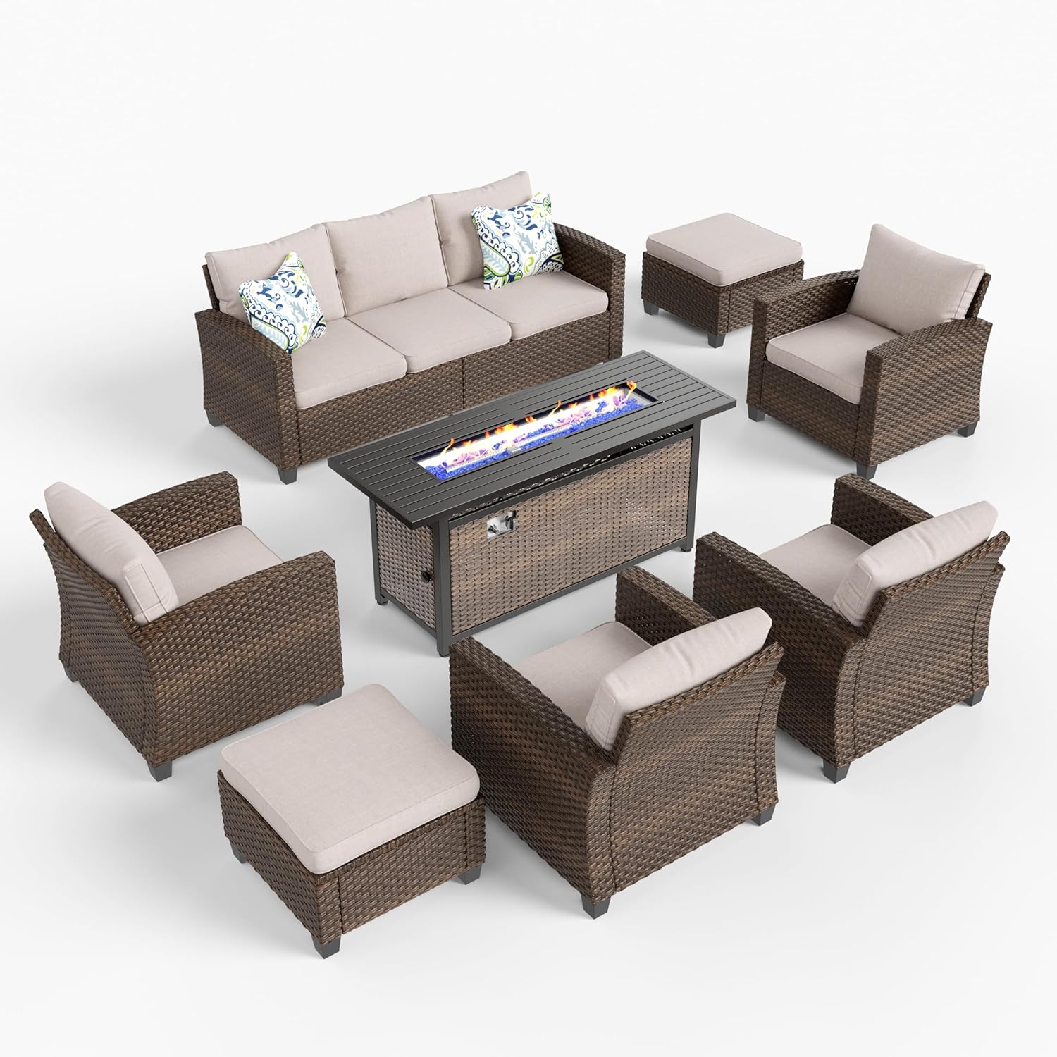 HERA'S HOUSE Patio Furniture Set, Outdoor Wicker Furniture with Fire Pit, 8 Pieces Deep Seating Outdoor Conversation Sofa Sets with Thick Cushions for Deck Backyard Lawn, Beige - Image 9